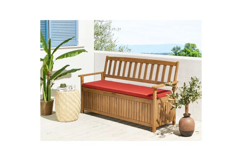Trädgårdsbänk med dyna Sovana Ljus trä/röd, 160 cm - Ljus trä/röd, 160 cm - Utemöbler & utemiljö - Utesoffa - Trädgårdsbänk & utebänk