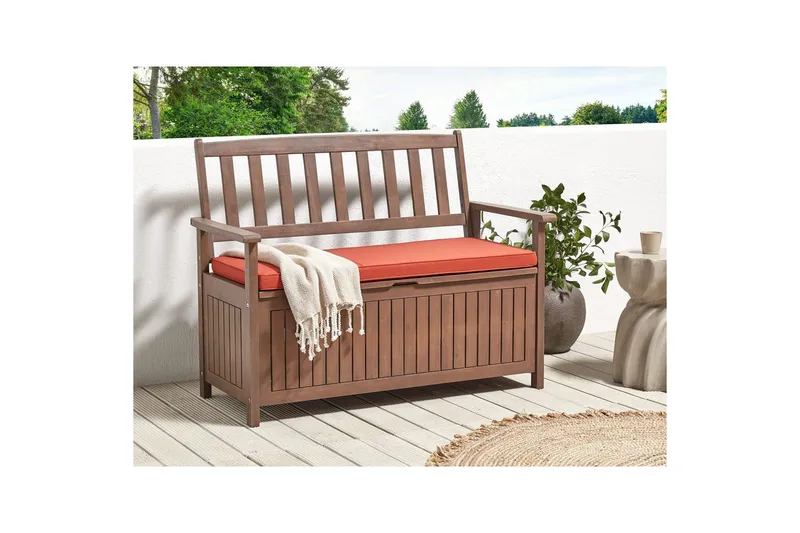 Trädgårdsbänk med dyna Sovana Mörkt trä/rött, 120 cm - Mörkt trä/rött, 120 cm - Utemöbler & utemiljö - Utesoffa - Trädgårdsbänk & utebänk