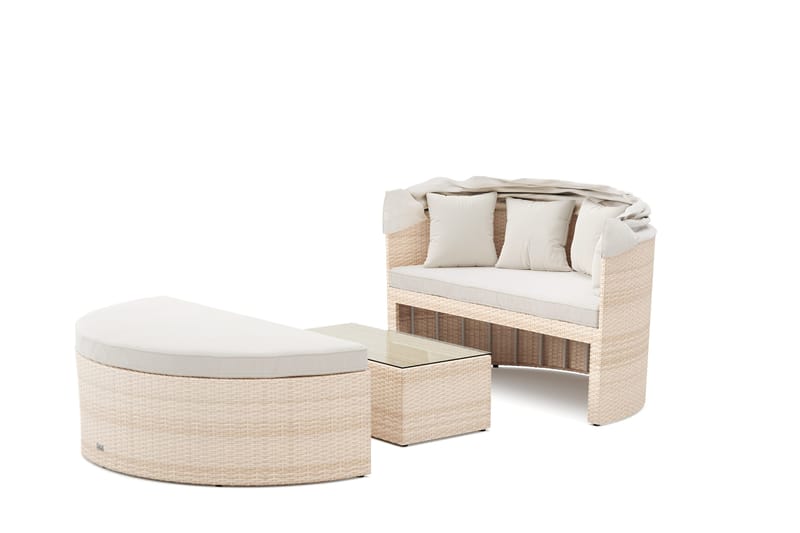 Florens Rund dubbel Solsäng med tak - Soffbord med glasskiva i konstrotting - Beige - Utemöbler & utemiljö - Utestol & trädgårdsstol - Solsäng & solvagn