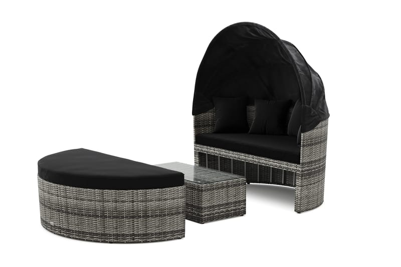 Florens Rund dubbel Solsäng med tak - Soffbord med glasskiva i konstrotting, Grå