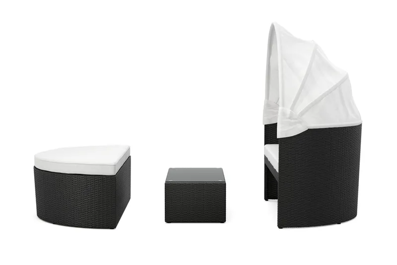 Florens Rund dubbel Solsäng med tak - Soffbord med glasskiva i konstrotting - Svart - Utemöbler & utemiljö - Loungemöbler - Solbädd