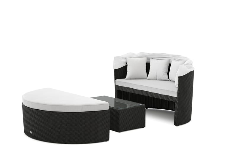 Florens Rund dubbel Solsäng med tak - Soffbord med glasskiva i konstrotting - Svart - Utemöbler & utemiljö - Utestol & trädgårdsstol - Solsäng & solvagn