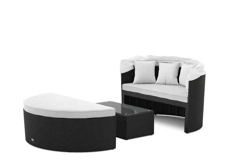 Florens Rund dubbel Solsäng med tak - Soffbord med glasskiva i konstrotting - Svart - Utemöbler & utemiljö - Loungemöbler - Solbädd