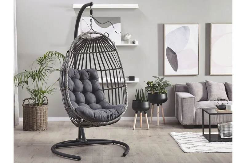 Hängstol Utomhus med stativ konstrotting mörkgrå SESIA - Grå - Utemöbler & utemiljö - Utestol & trädgårdsstol - Hängfåtölj & hängstol utomhus