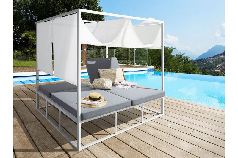 Solsäng med sänghimmel vit/grå PALLANZA - Vit - Utemöbler & utemiljö - Loungemöbler - Solbädd