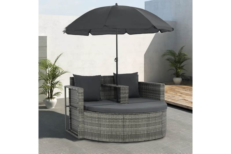 Trädgårdssoffa 2-sits med dynor & parasoll konstrotting grå - Grå - Solbädd