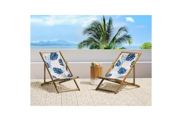 Solstol set om 2 Anzio - ljust trä/off-white/blå palmbladsmönster - Utemöbler & utemiljö - Utestol & trädgårdsstol - Solstol