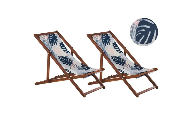 Solstol set om 2 Anzio, mörkt trä/off-white/blå palmbladsmönster