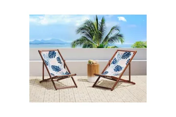 Solstol set om 2 Anzio - mörkt trä/off-white/blå palmbladsmönster - Utemöbler & utemiljö - Utestol & trädgårdsstol - Solstol