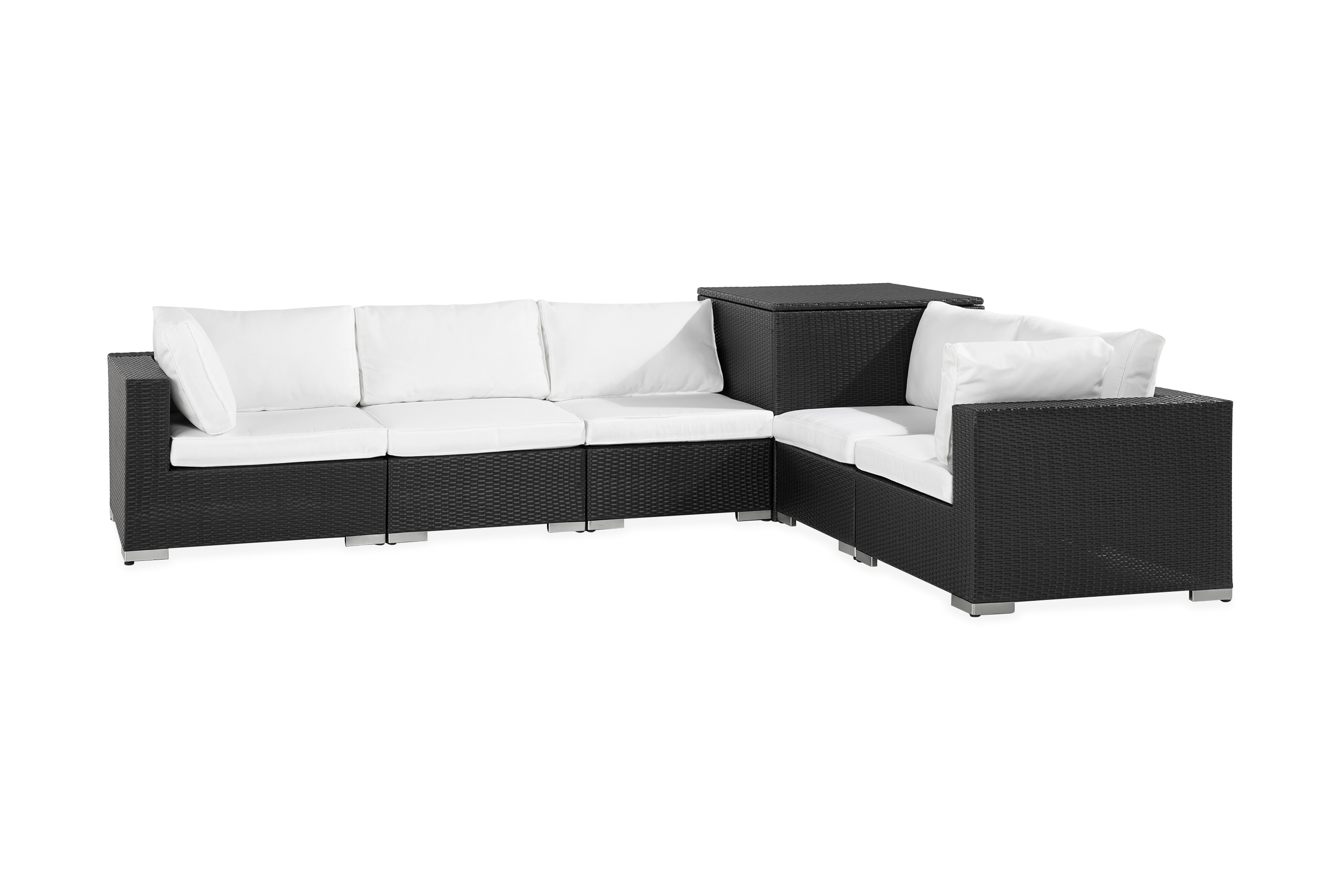 Bahamas 6-sits Stor loungegrupp utomhus Loungeset konstrotting utemöbler Soffgrupp till uteplats med hörndynbox Svart Vita dynor