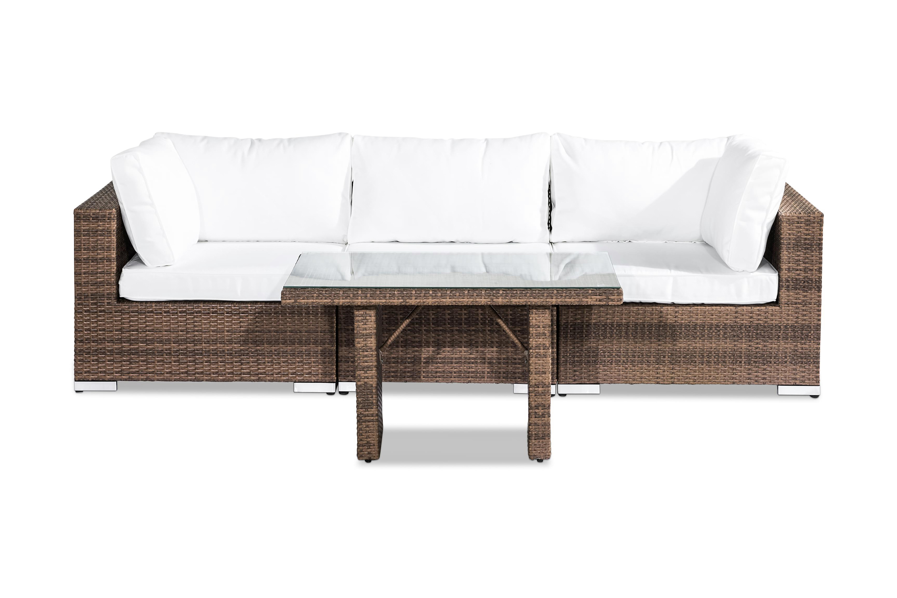 Bahamas Liten Loungegrupp Utomhus 3-sits Litet Loungeset i Konstrotting för Altan och Balkong Beige Vita dynor