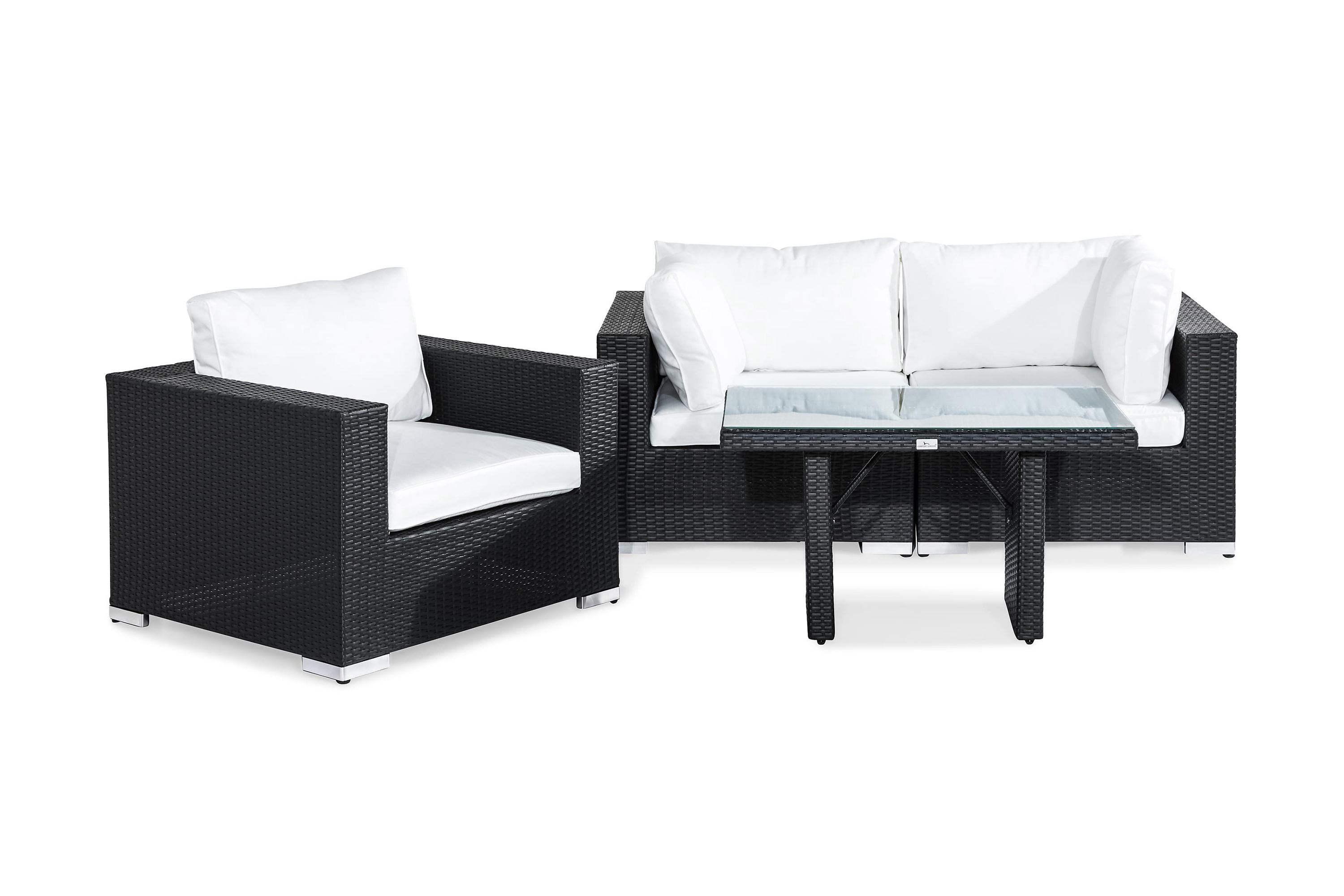 Bahamas Liten Loungegrupp Utomhus 3-sits Litet Loungeset i Konstrotting för Altan och Balkong Svart Vita dynor