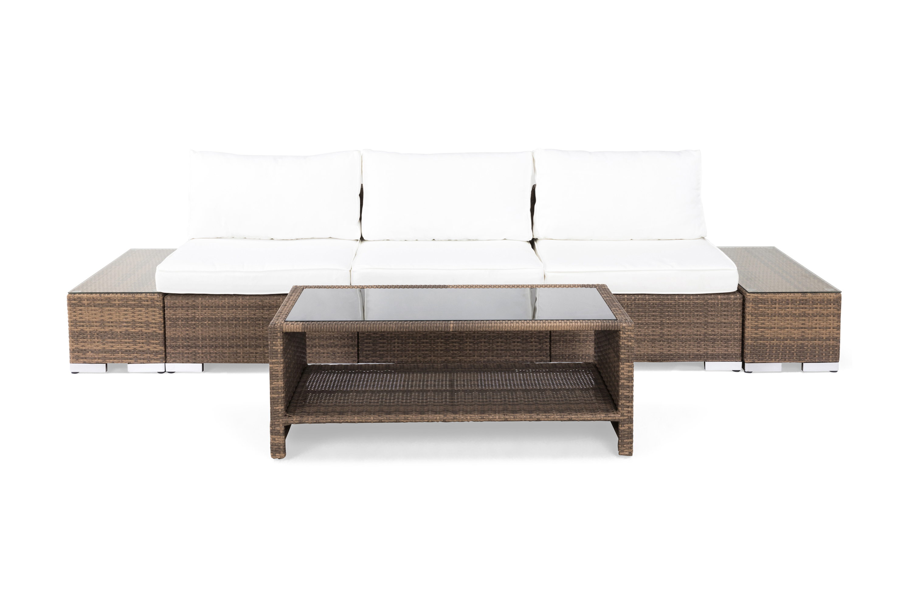 Bahamas Liten Loungegrupp Utomhus 3-sits Litet Loungeset i Konstrotting för Uteplats och Balkong Beige Vita dynor