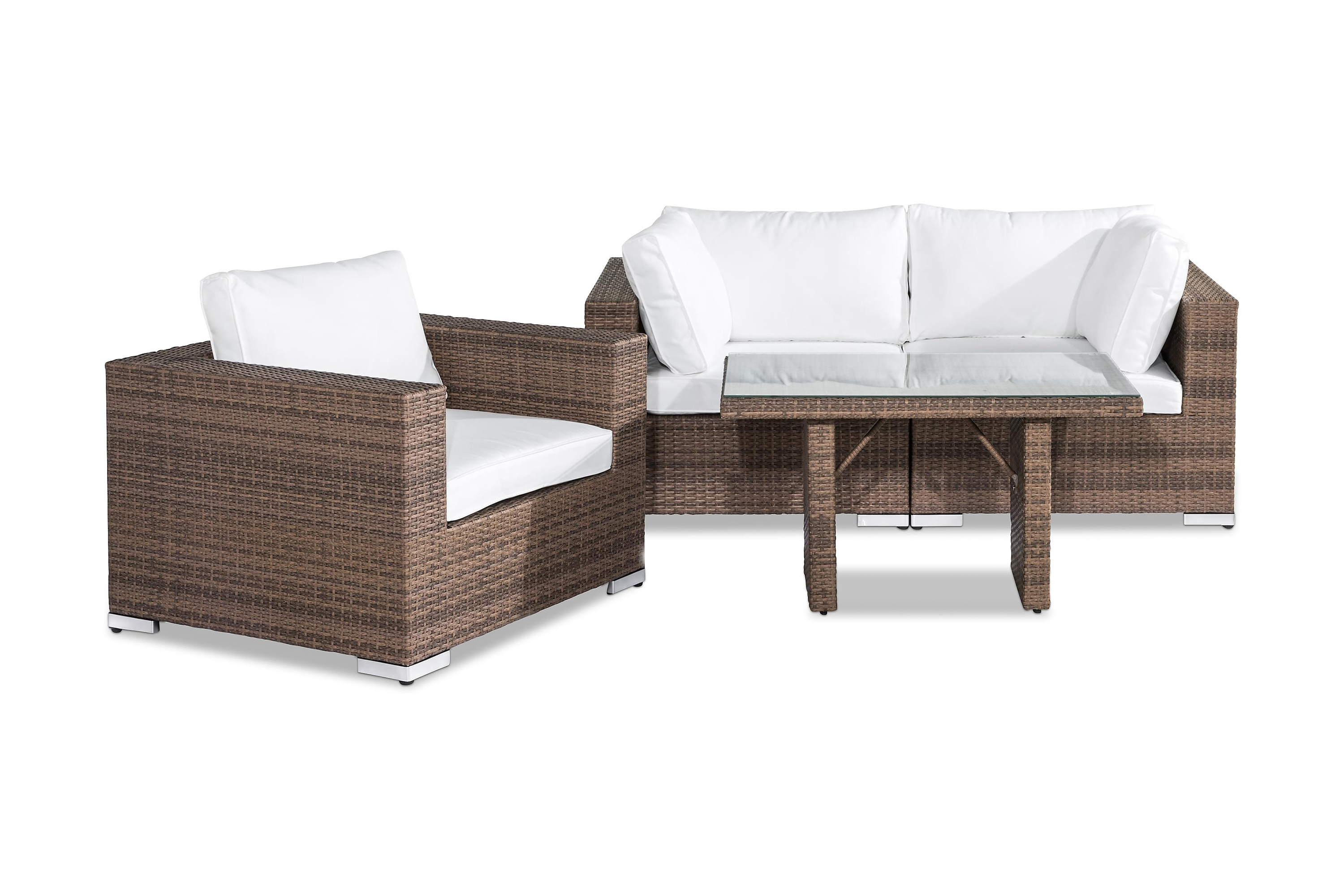 Bahamas Liten Loungegrupp Utomhus 3-sits Litet Loungeset i Konstrotting för Uteplats och Trädgård Beige Vita dynor