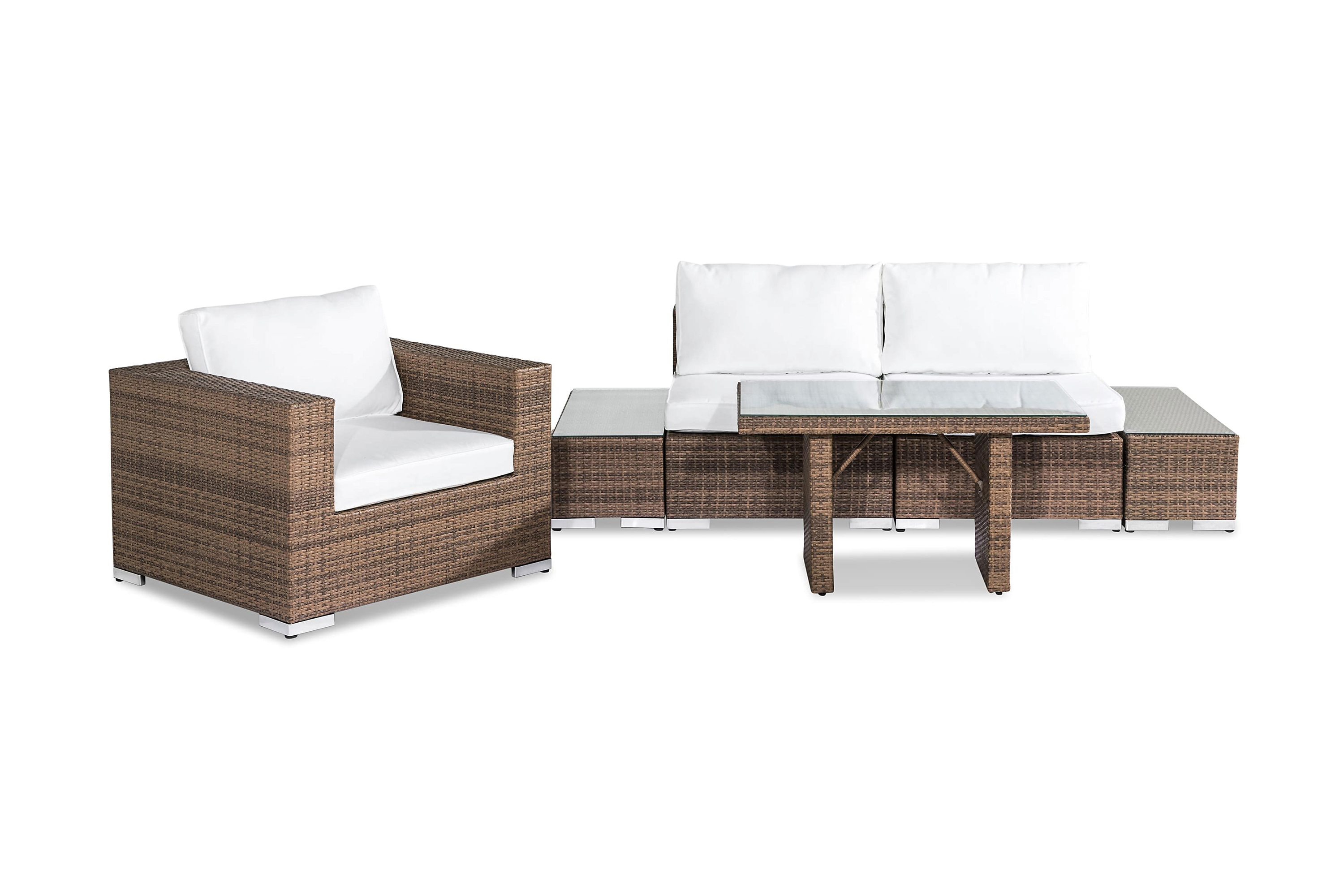 Bahamas Liten Loungegrupp Utomhus 3-sits Litet Loungeset med Utefåtölj i Konstrotting för Uteplats och Balkong Beige Vita dynor