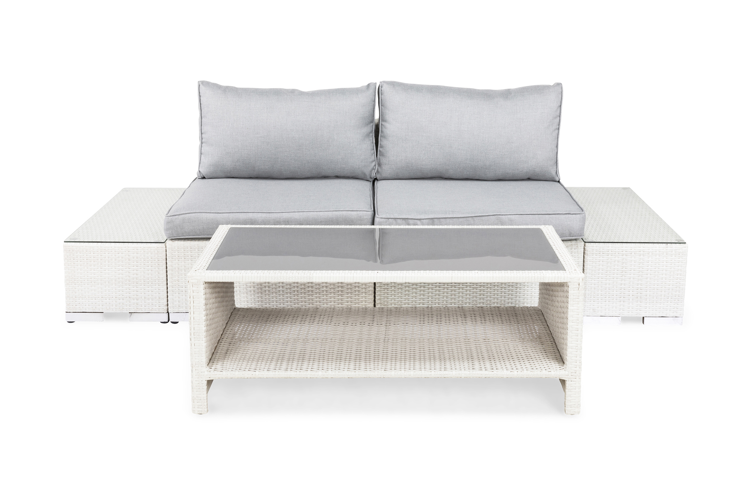 Bahamas Liten loungegrupp utomhus Soffgrupp för balkong 2-sits Litet loungeset konstrotting utemöbler Vit Gråa dynor