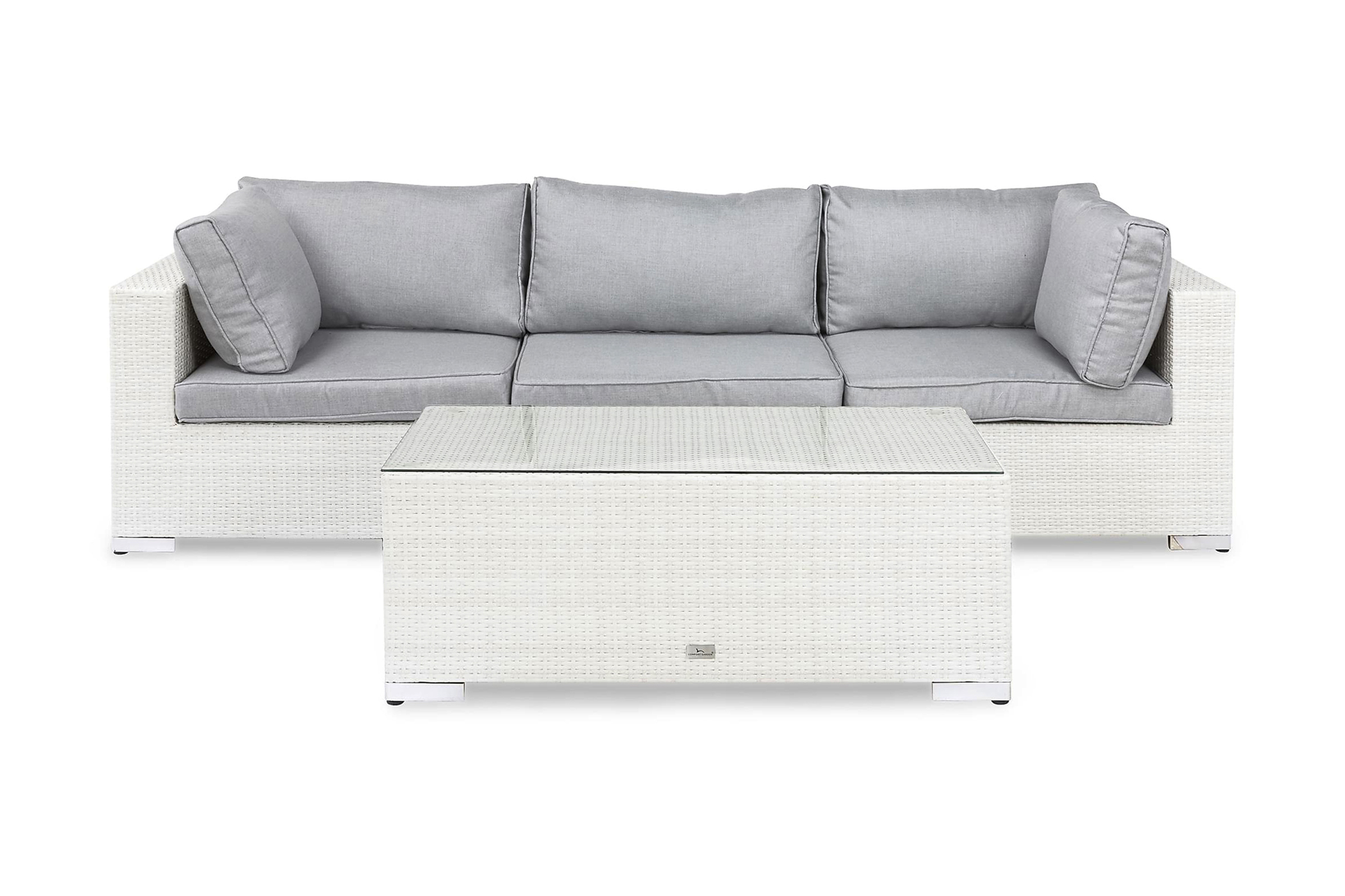Bahamas Liten loungegrupp utomhus Soffgrupp till balkong altan 3-sits Litet loungeset konstrotting utemöbler Vit Gråa dynor