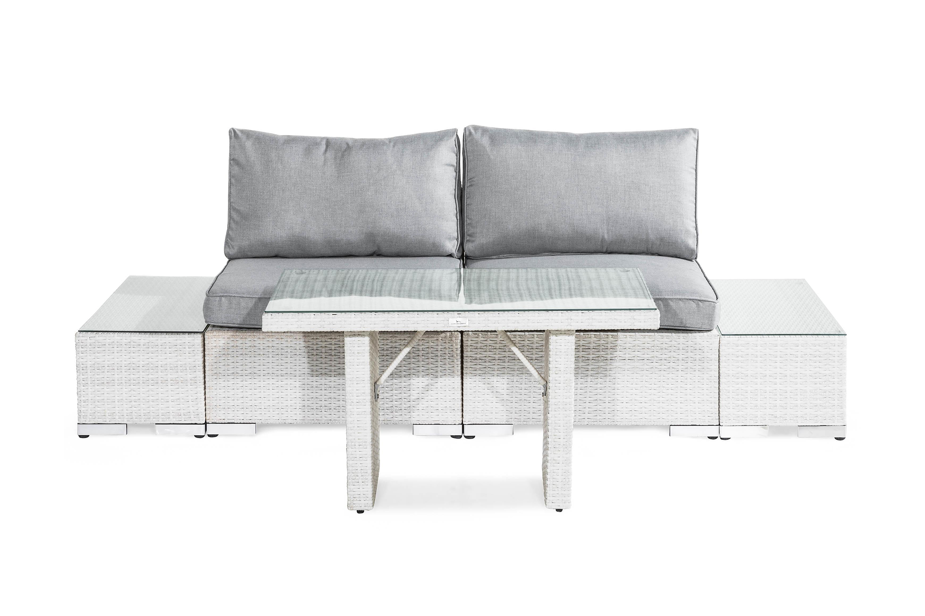 Bahamas Liten loungegrupp utomhus Soffgrupp till balkong uteplats 2-sits Litet loungeset konstrotting utemöbler Vit Gråa dynor