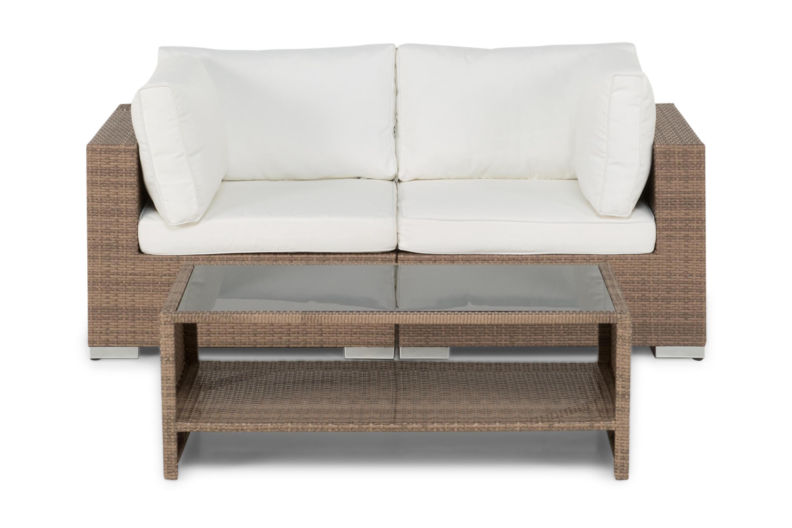 Bahamas Liten loungegrupp utomhus Soffgrupp till balkong 2-sits Litet loungeset konstrotting utemöbler Beige med vita dynor