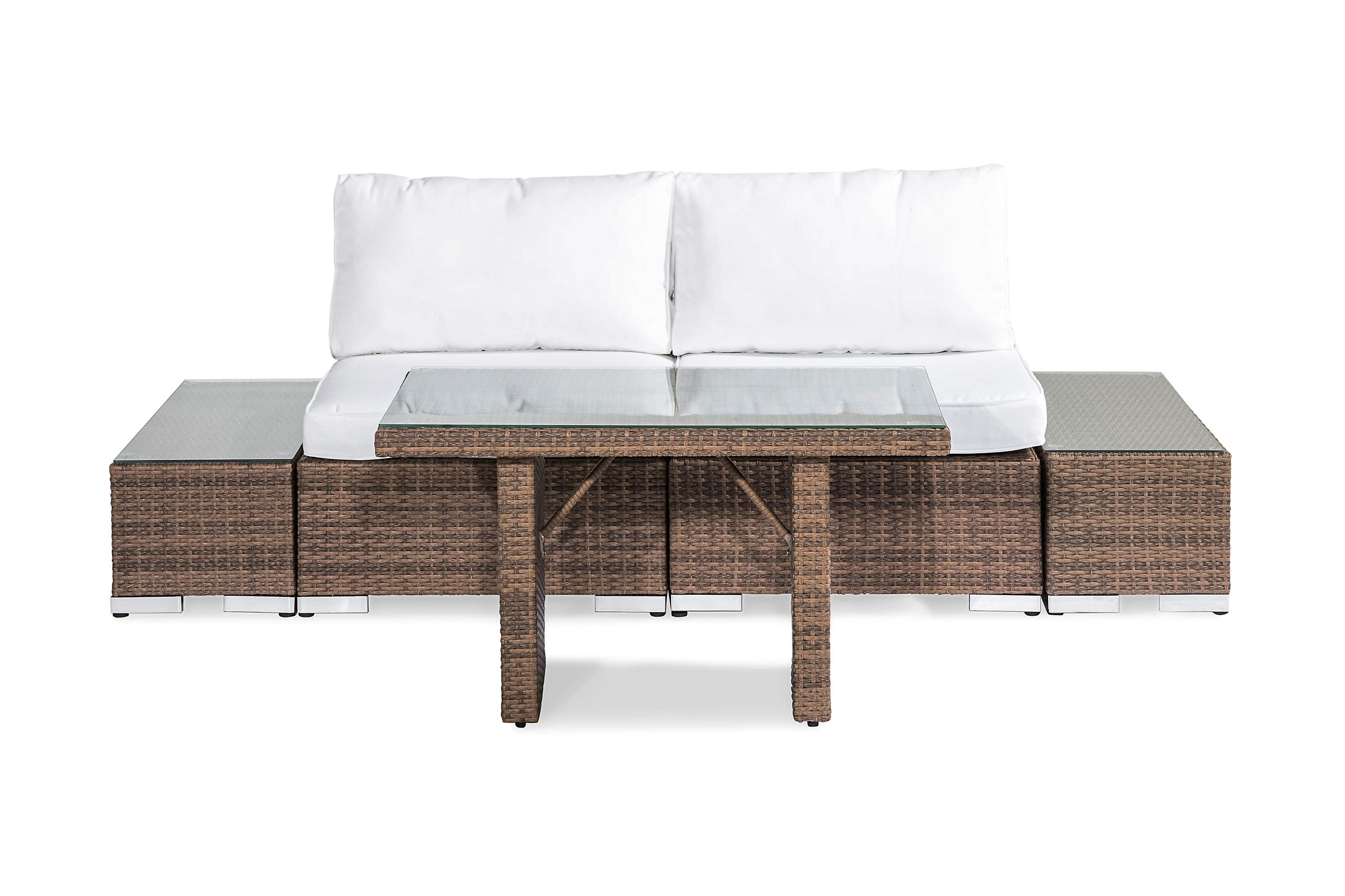 Bahamas Liten loungegrupp utomhus Soffgrupp till balkong 2-sits Litet loungeset konstrotting utemöbler Beige Vita dynor