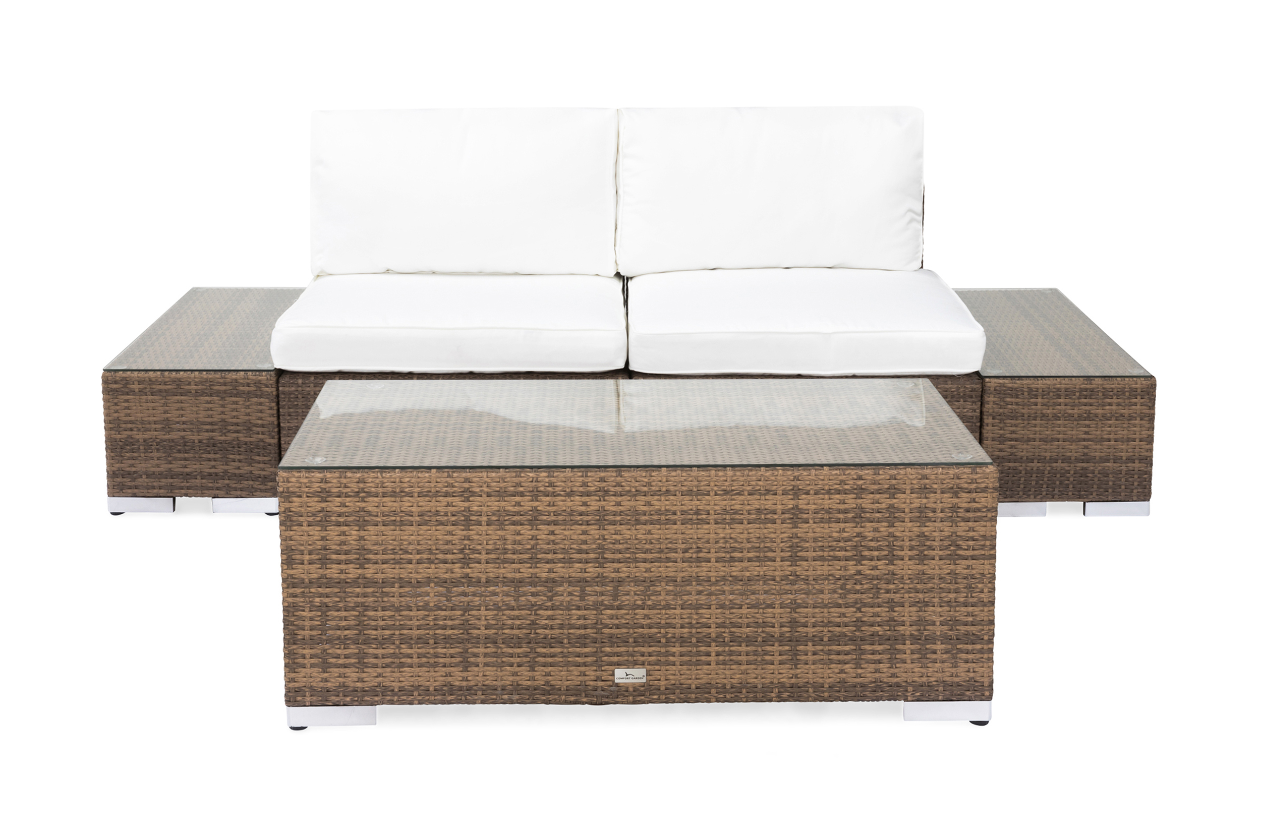 Bahamas Liten loungegrupp utomhus Soffgrupp till balkong 2-sits Litet loungeset konstrotting utemöbler Sand Beige Vita dynor