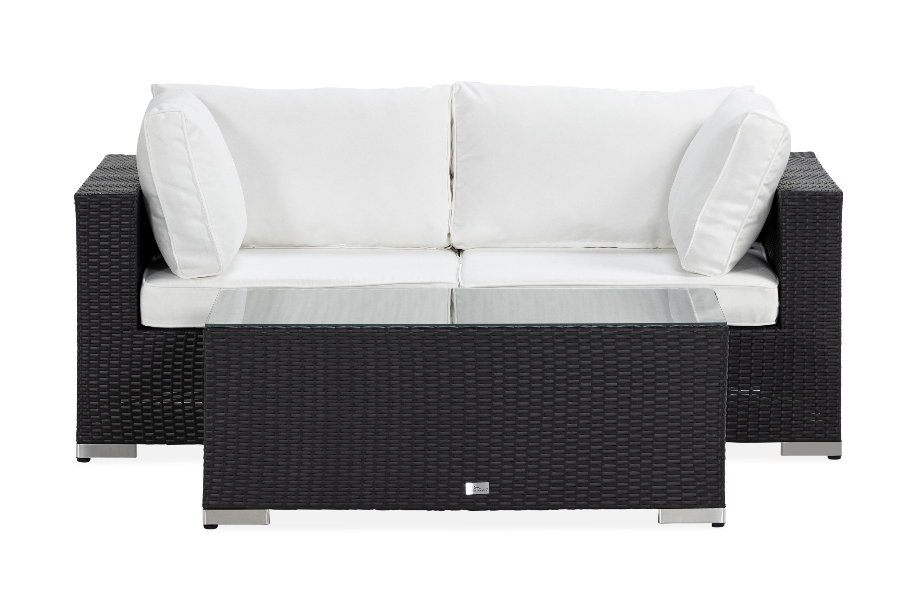 Bahamas Liten loungegrupp utomhus Soffgrupp till balkong 2-sits Litet loungeset konstrotting utemöbler Svart Vita dynor