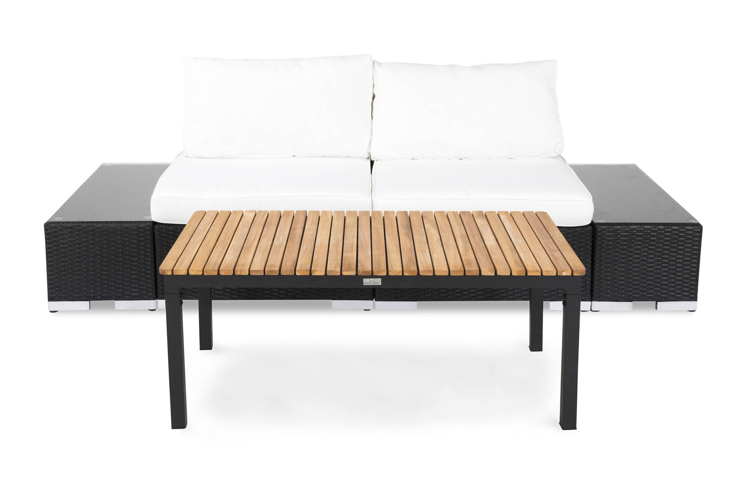 Bahamas Liten loungegrupp utomhus Soffgrupp till balkong 2-sits Litet loungeset med bord konstrotting utemöbler Svart Vita dynor Ljust trä