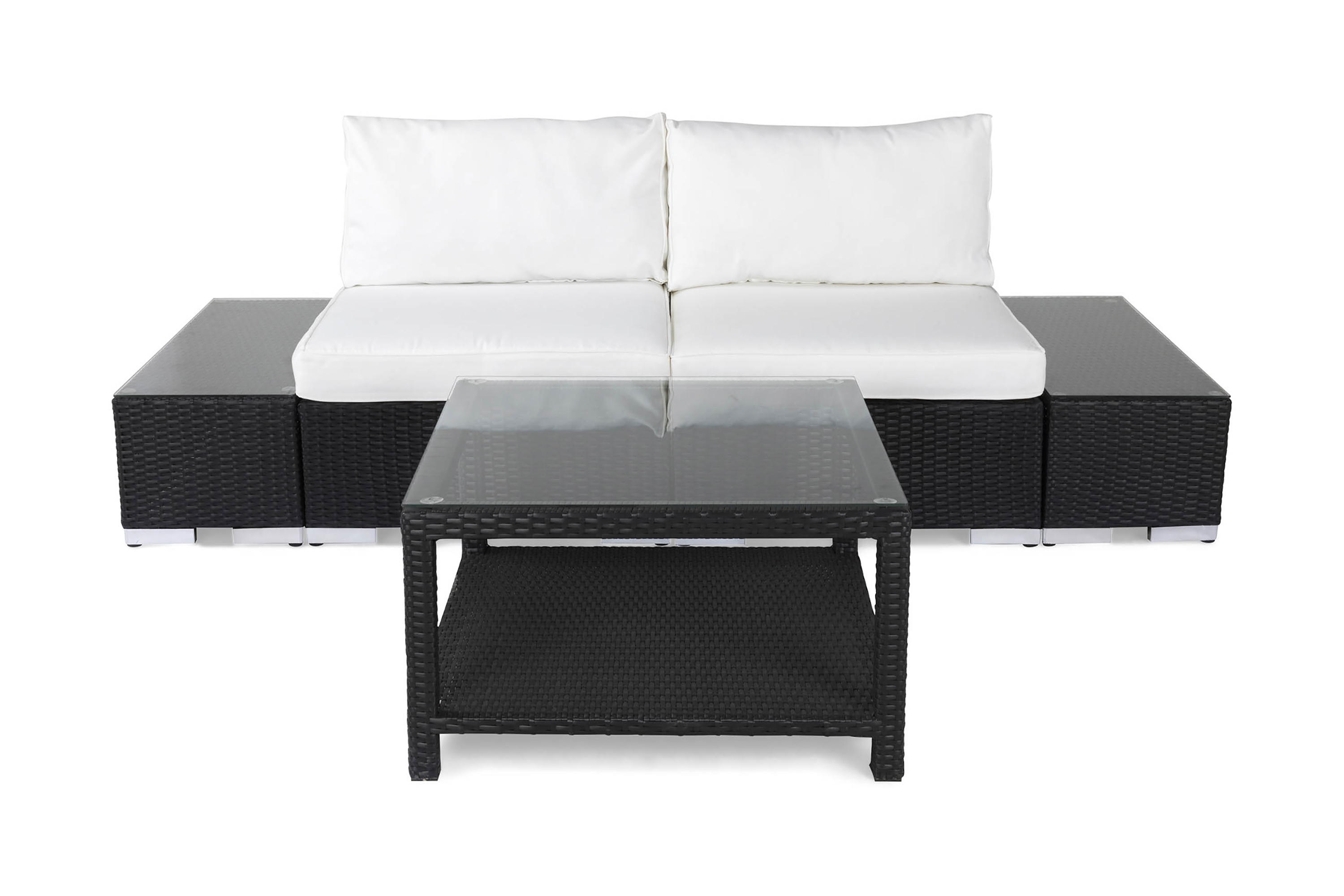 Bahamas Liten loungegrupp utomhus Soffgrupp till balkong 2-sits loungeset konstrotting utemöbler Svart Vita dynor