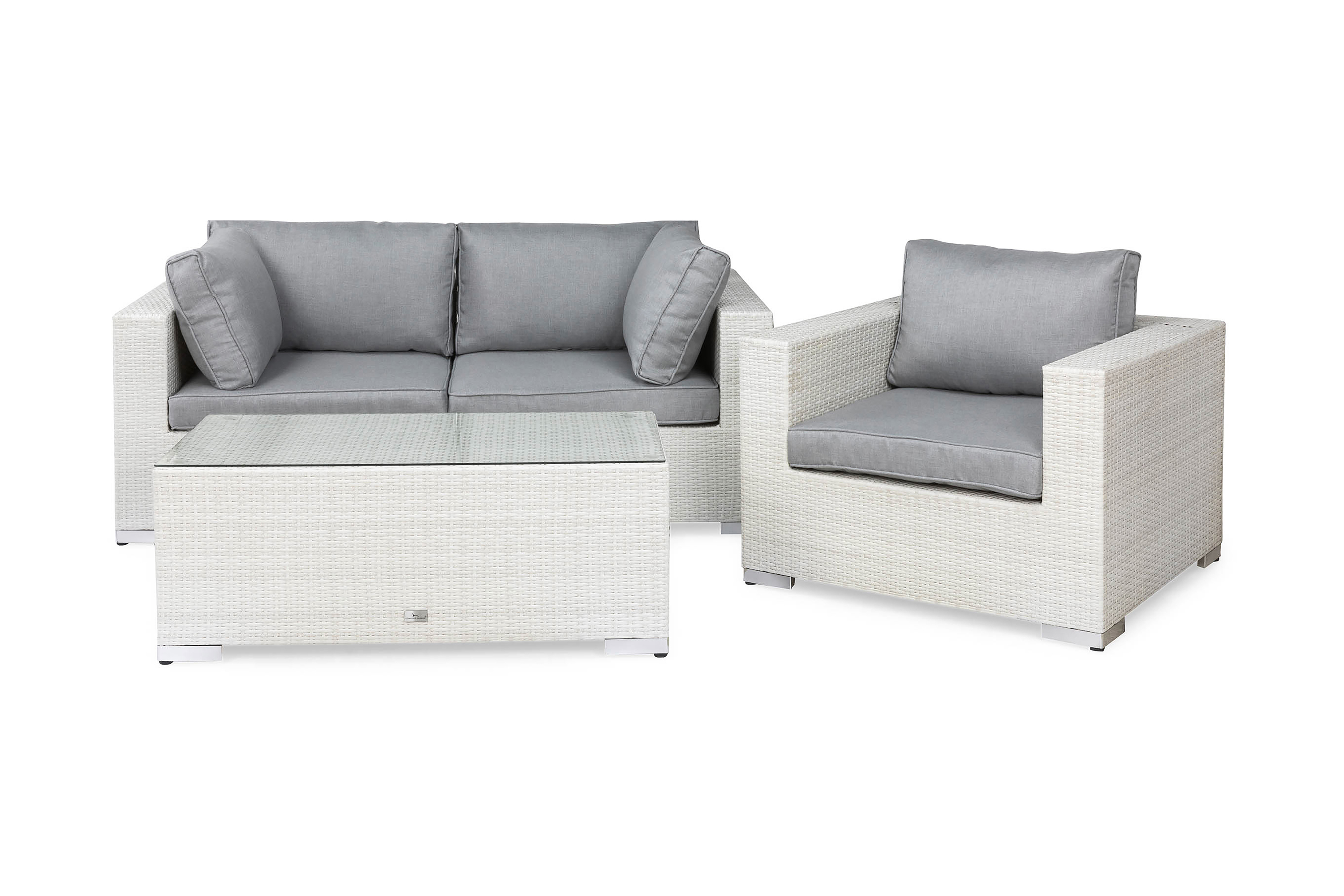 Bahamas Liten loungegrupp utomhus Soffgrupp till balkong 3-sits Litet loungeset konstrotting utemöbler Bord med glas Vit Gråa dynor