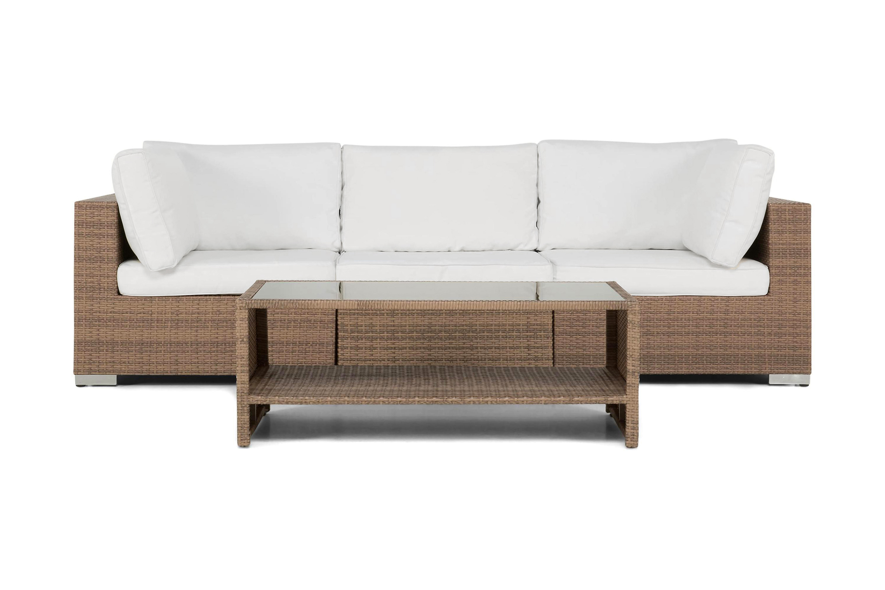 Bahamas Liten loungegrupp utomhus Soffgrupp till balkong 3-sits Litet loungeset konstrotting utemöbler Brun Sand Vita dynor