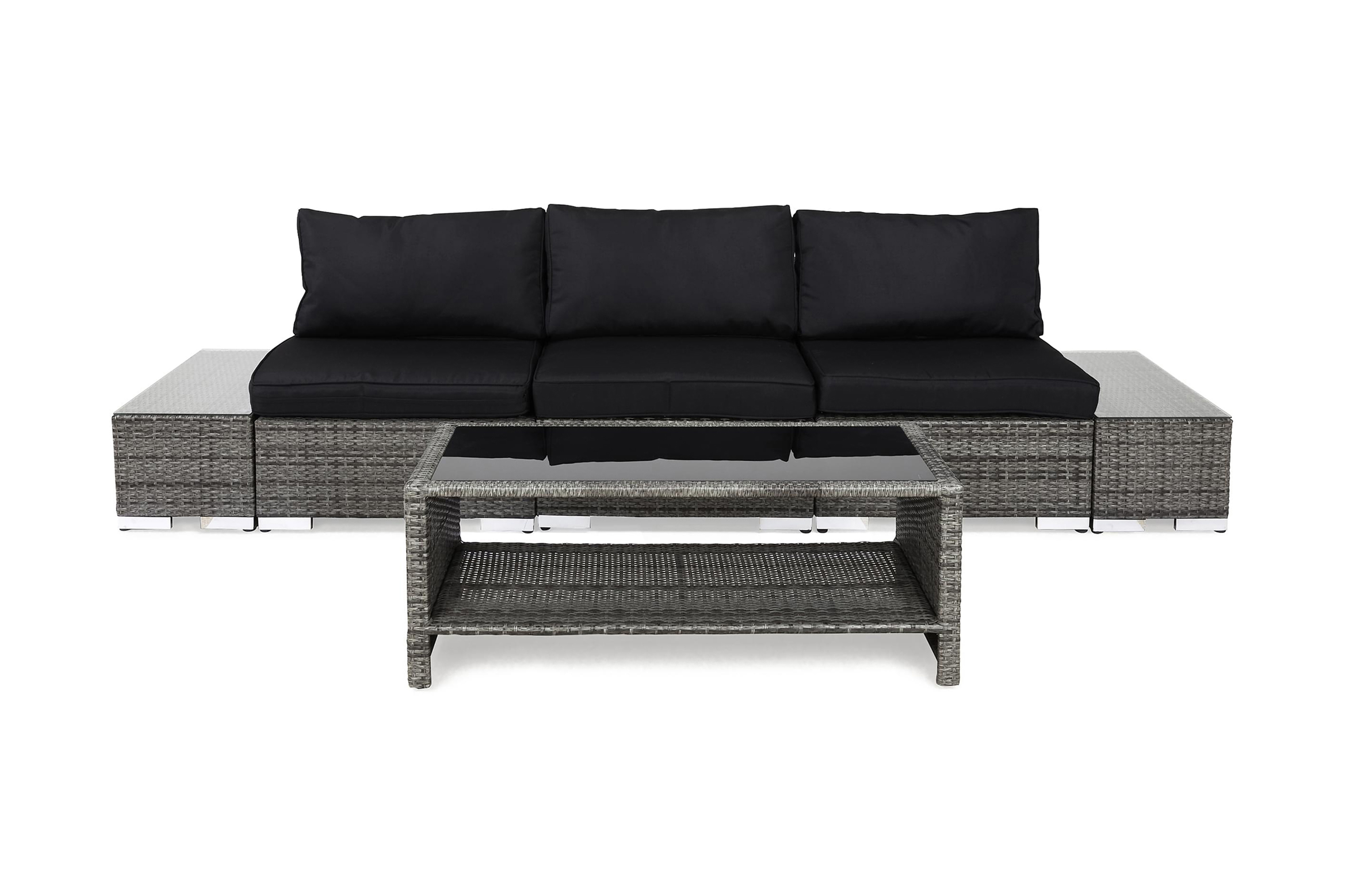 Bahamas Liten loungegrupp utomhus Soffgrupp till balkong 3-sits Litet loungeset konstrotting utemöbler GråSvarta dynor Glas