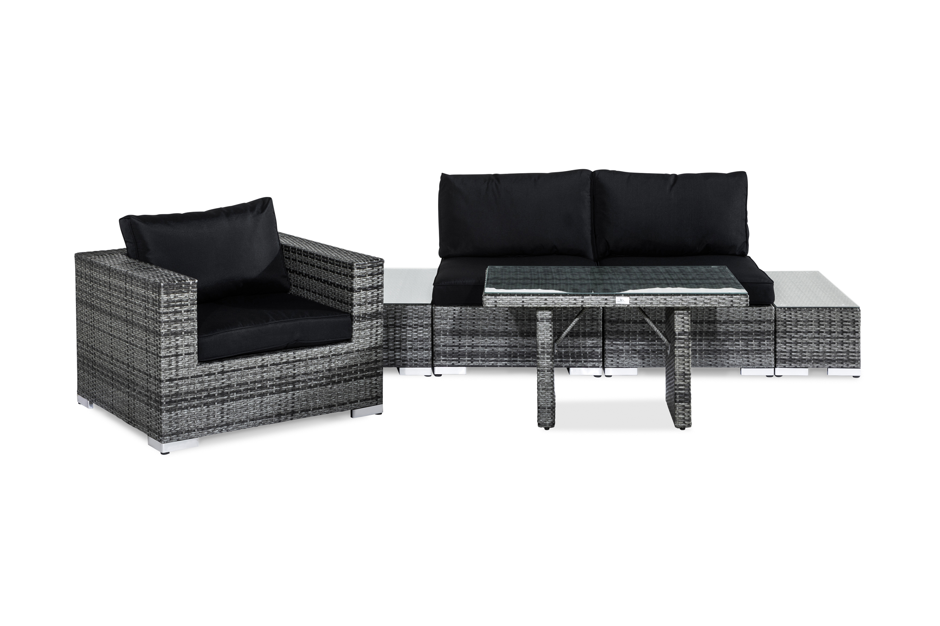 Bahamas Liten loungegrupp utomhus Soffgrupp till balkong 3-sits Litet loungeset konstrotting utemöbler MörkgråSvarta dynor Glas
