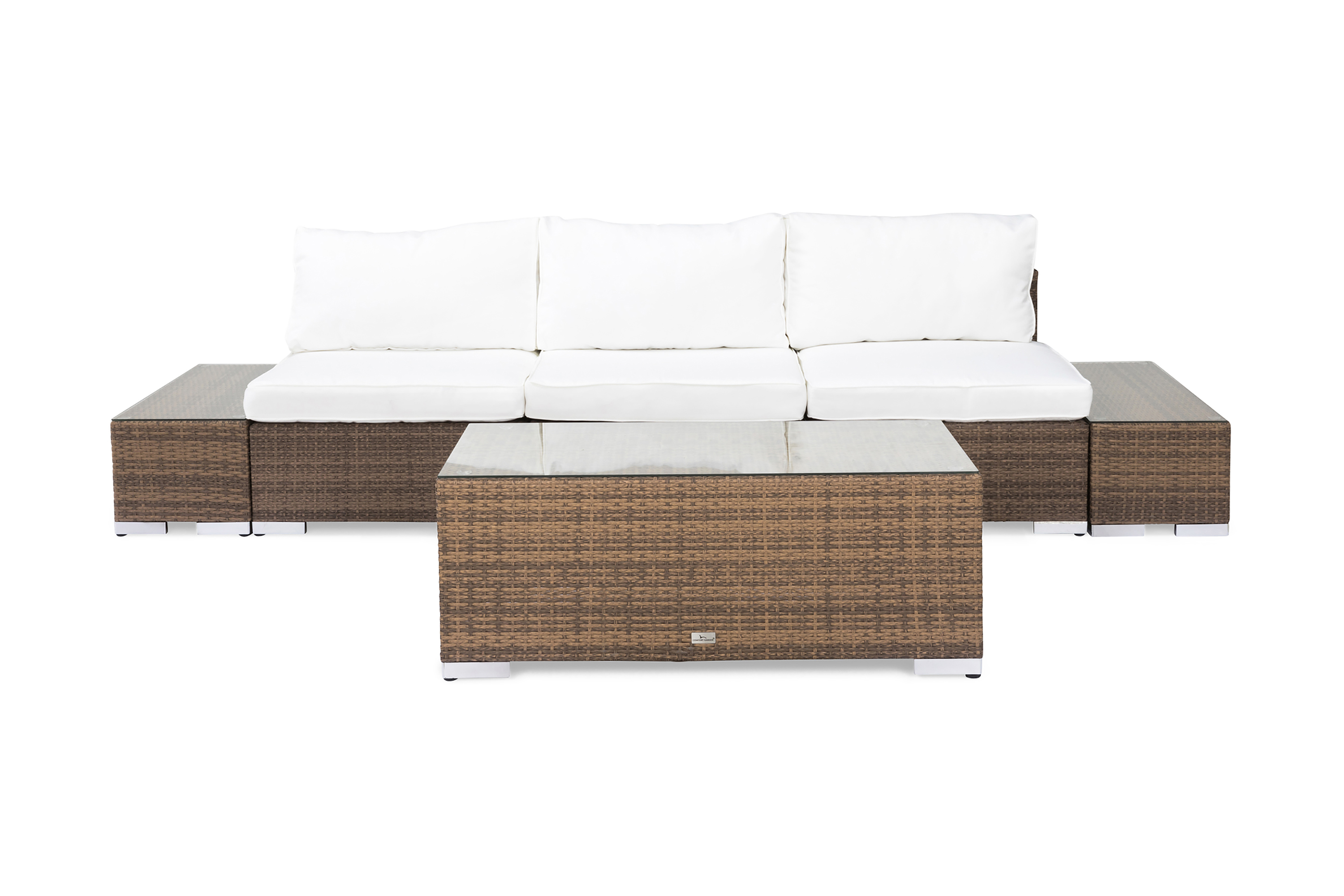 Bahamas Liten loungegrupp utomhus Soffgrupp till balkong 3-sits Litet loungeset konstrotting utemöbler Sand Brun Ljusa dynor