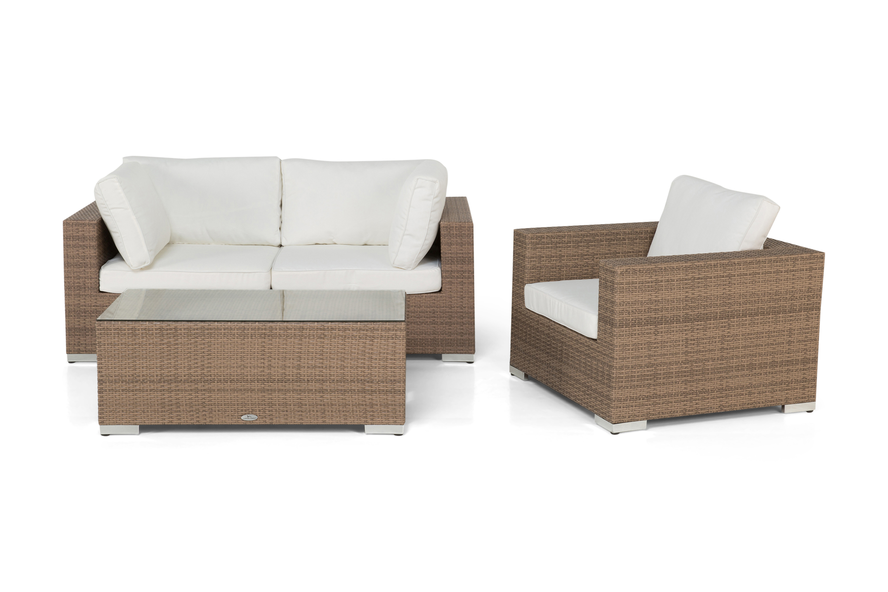Bahamas Liten loungegrupp utomhus Soffgrupp till balkong 3-sits Litet loungeset konstrotting utemöbler Sand Brun Vita dynor
