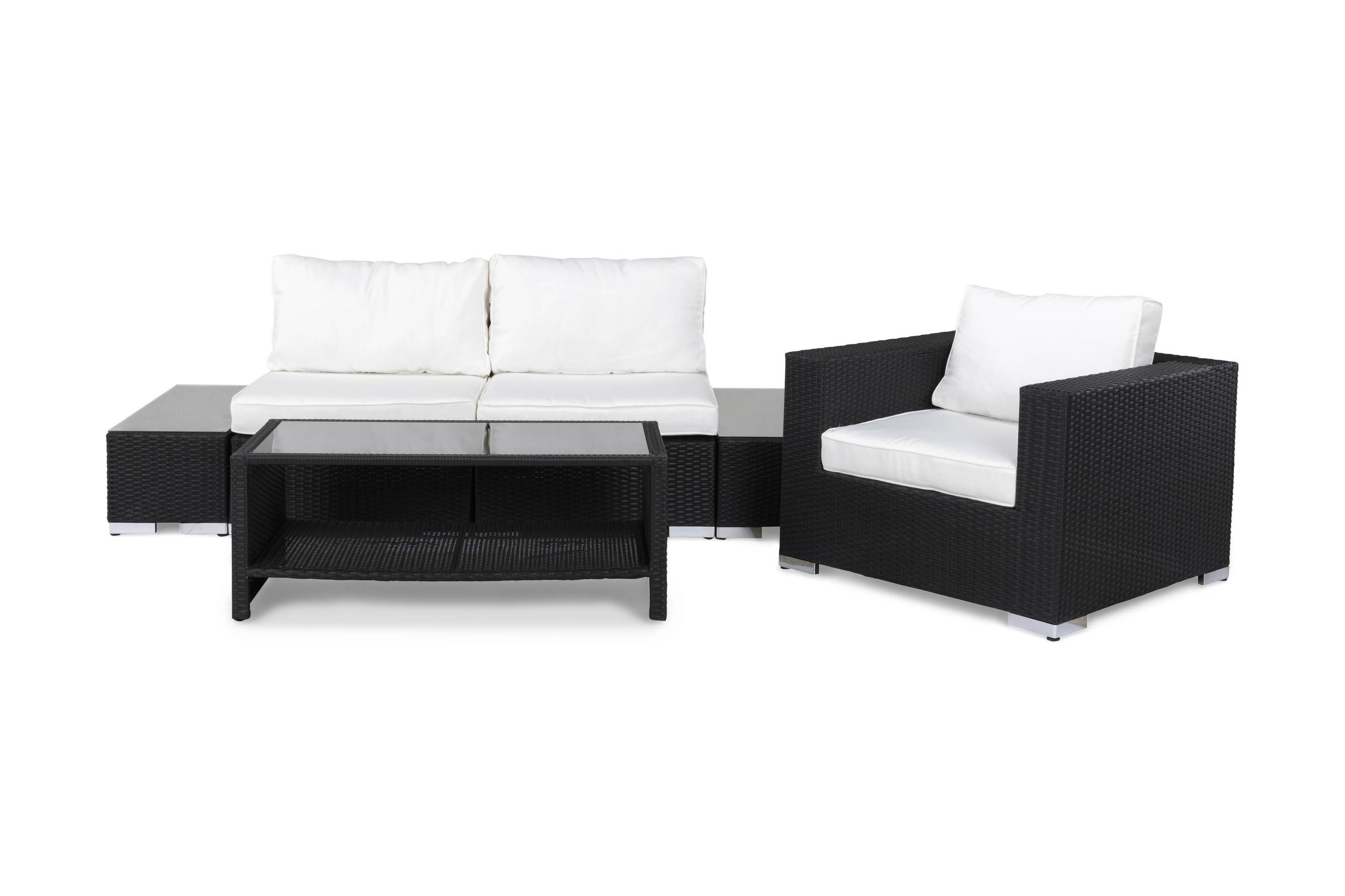 Bahamas Liten loungegrupp utomhus Soffgrupp till balkong 3-sits Litet loungeset konstrotting utemöbler Svart Ljusa dynor