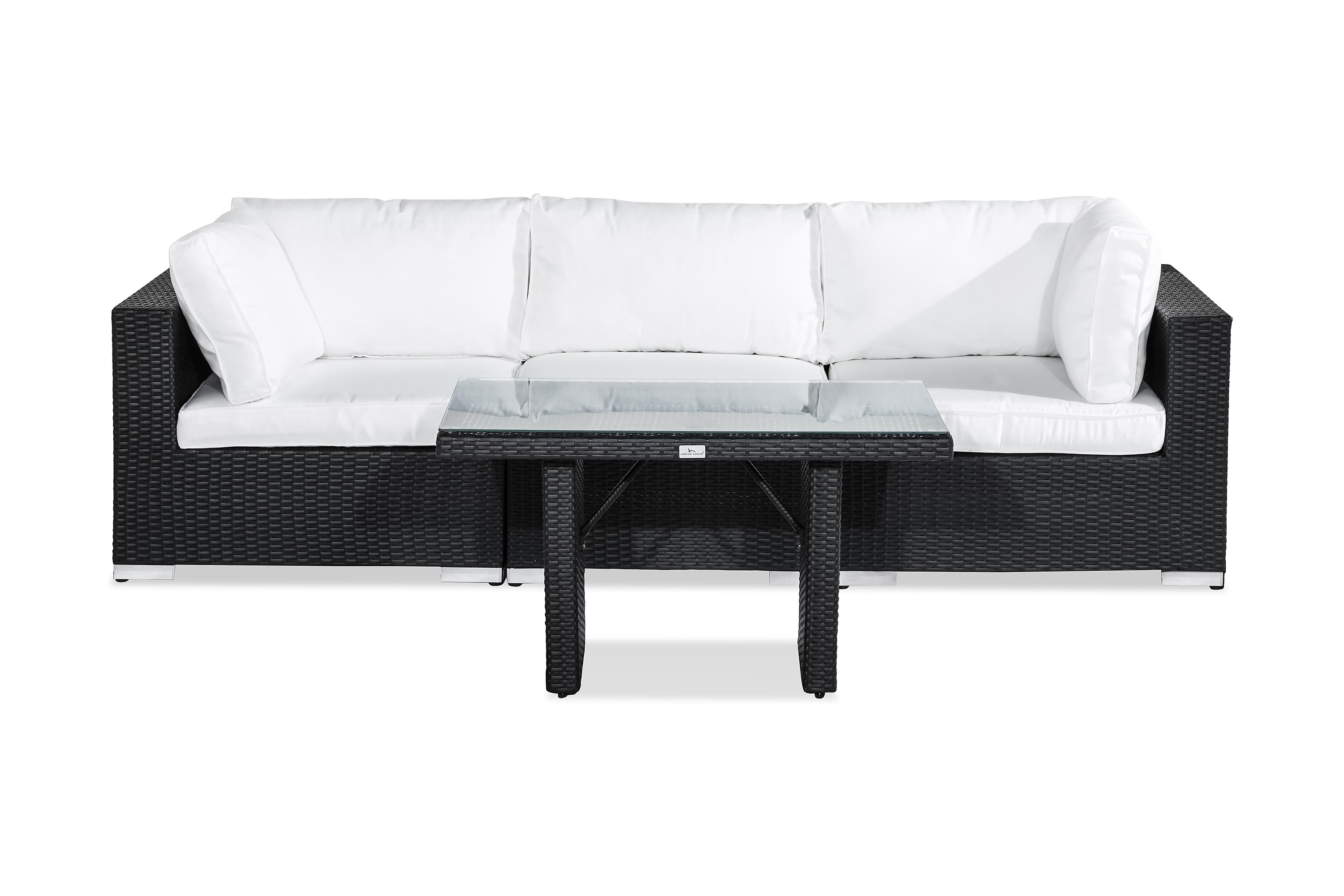 Bahamas Liten loungegrupp utomhus Soffgrupp till balkong 3-sits Litet loungeset konstrotting utemöbler Svart Vita dynor