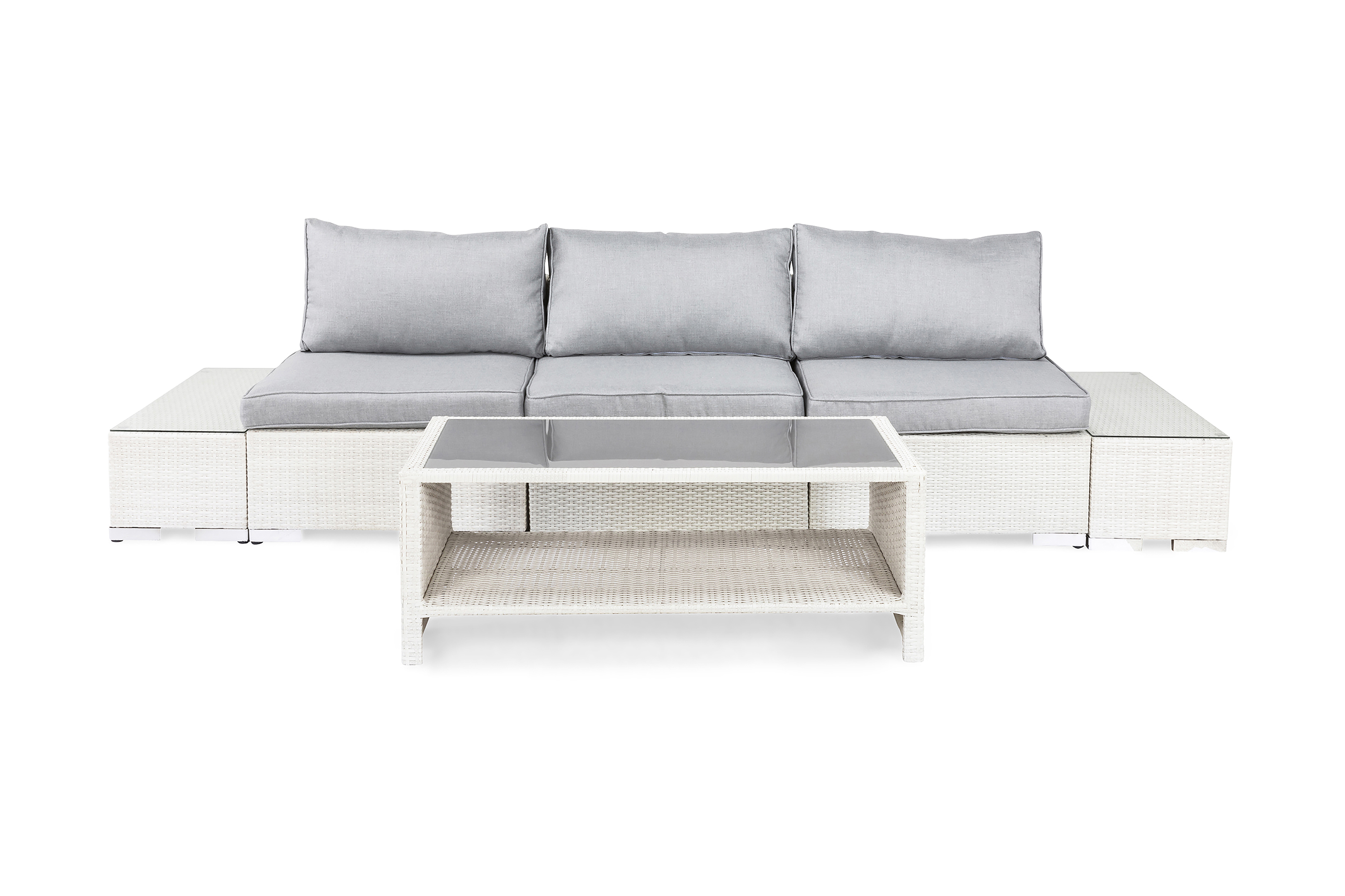 Bahamas Liten loungegrupp utomhus Soffgrupp till balkong 3-sits Litet loungeset med bord i konstrotting utemöbler Vit Gråa dynor