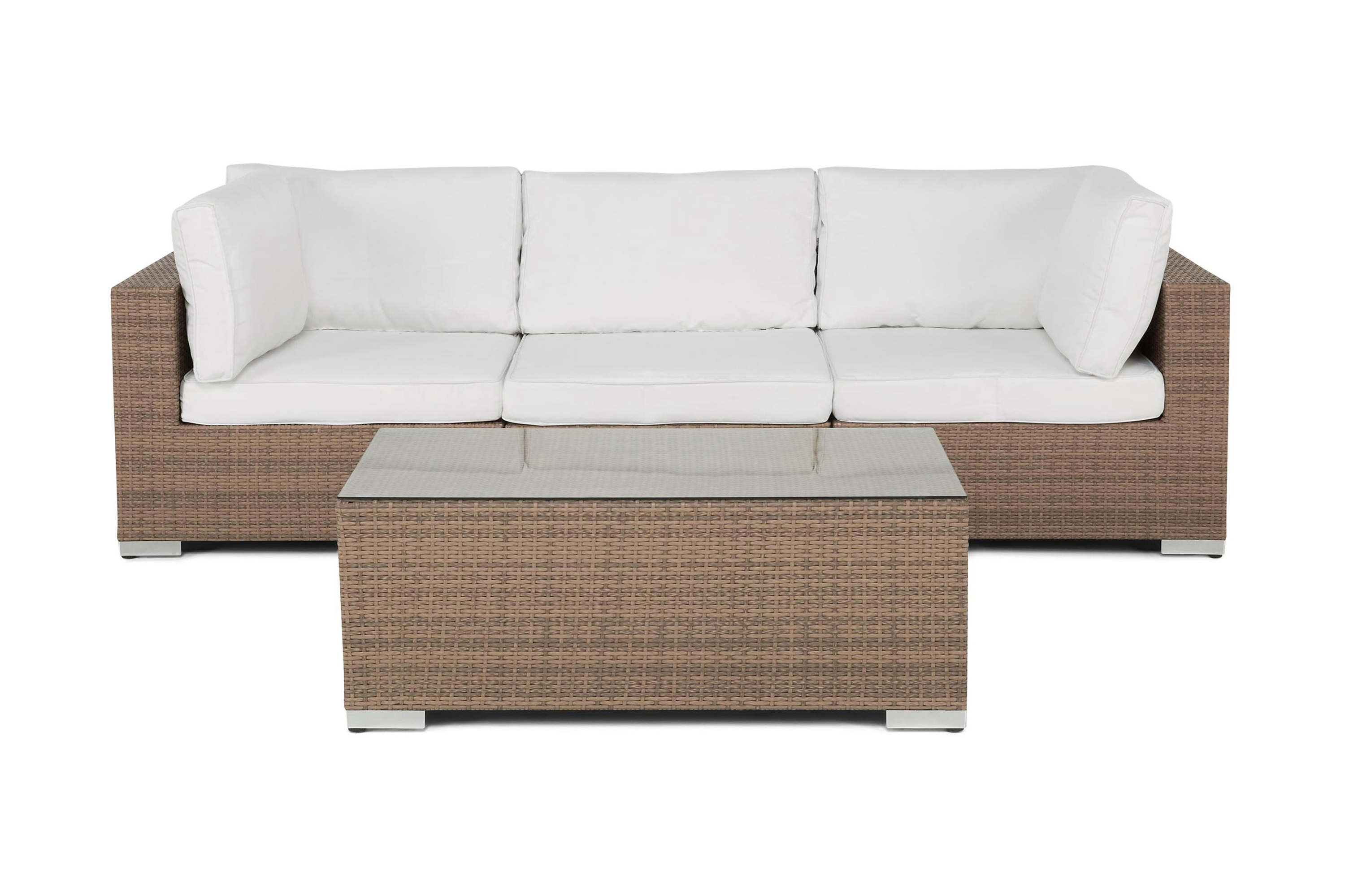 Bahamas Liten loungegrupp utomhus Soffgrupp till balkong 3-sits Litet loungeset med bord konstrotting utemöbler Sand Ljusa dynor