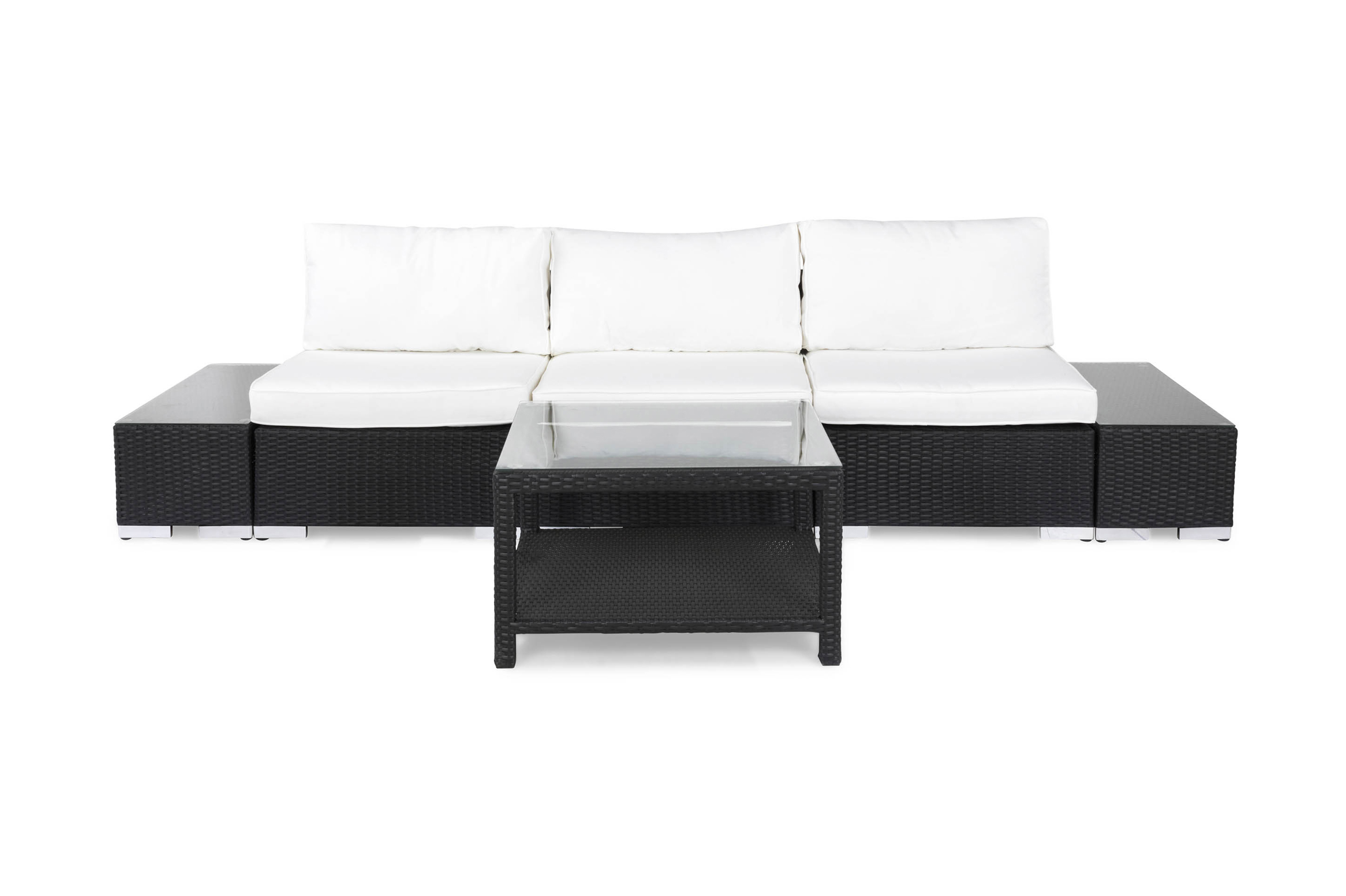 Bahamas Liten loungegrupp utomhus Soffgrupp till balkong 3-sits Litet loungeset med bord konstrotting utemöbler Svart Vita dynor Glas