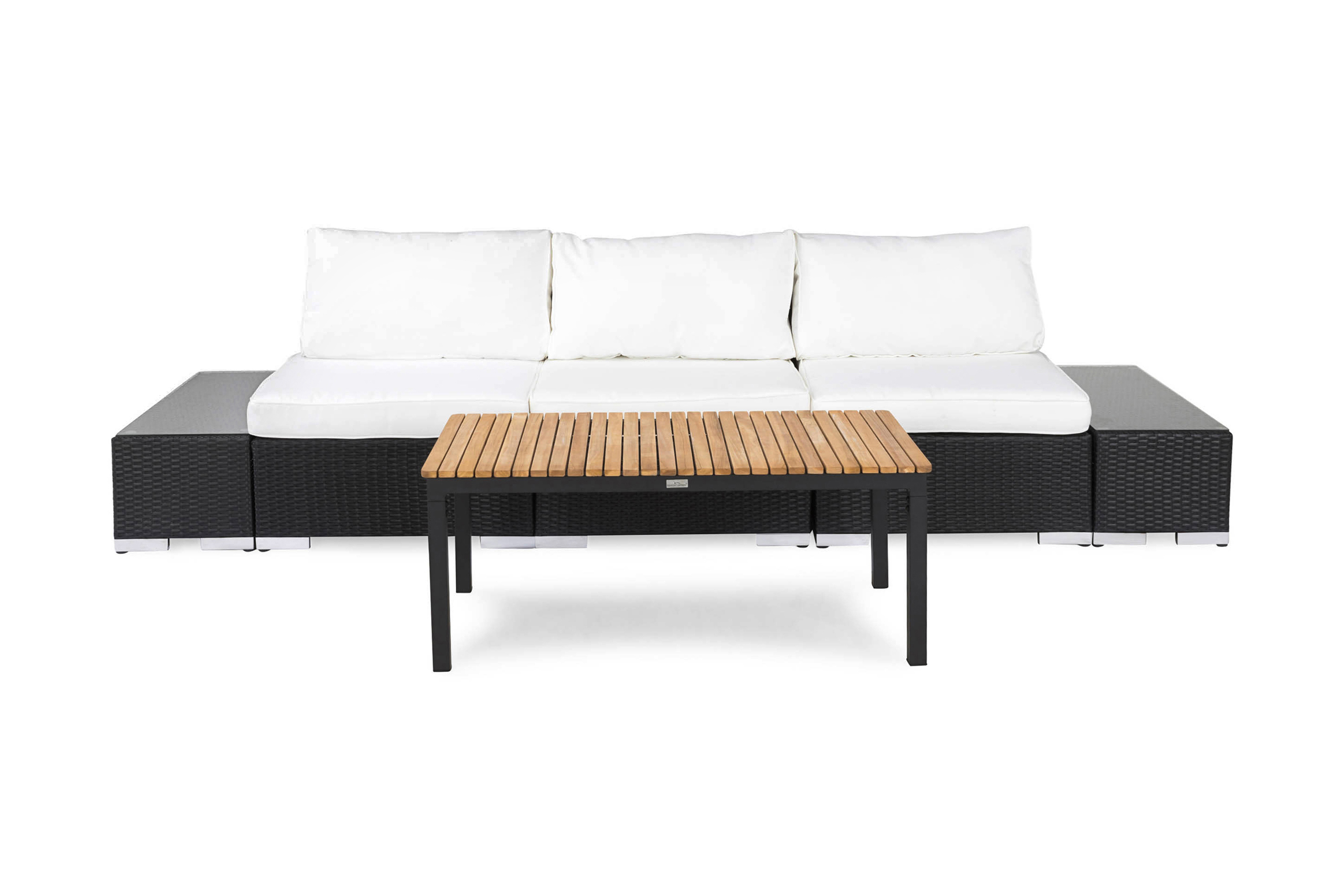 Bahamas Liten loungegrupp utomhus Soffgrupp till balkong 3-sits Litet loungeset med bord konstrotting utemöbler Svart Vita dynor Ljust trä