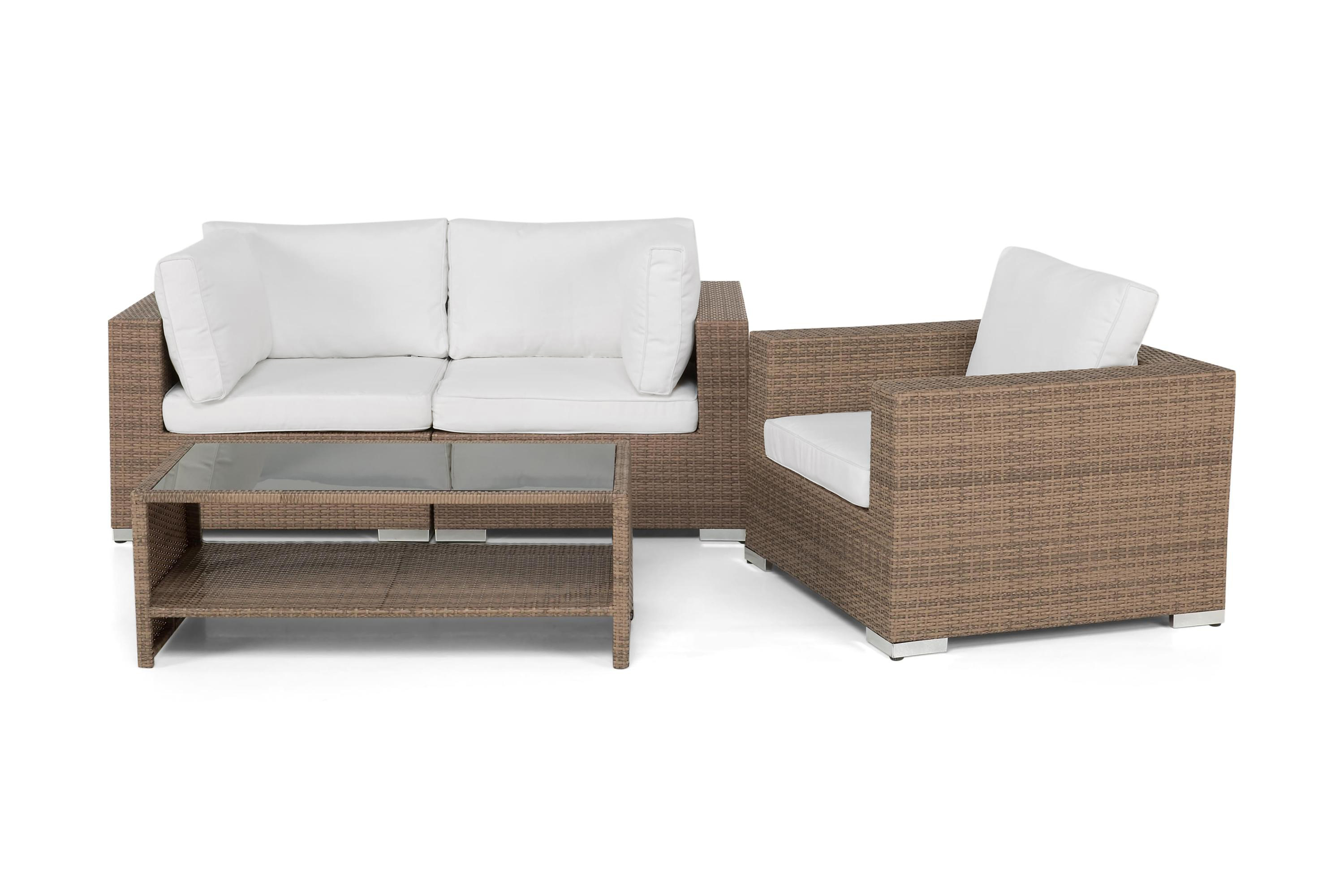 Bahamas Liten loungegrupp utomhus Soffgrupp till balkong 3-sits Litet loungeset med bord och 1 fåtölj konstrotting utemöbler Sand Brun Vita dynor