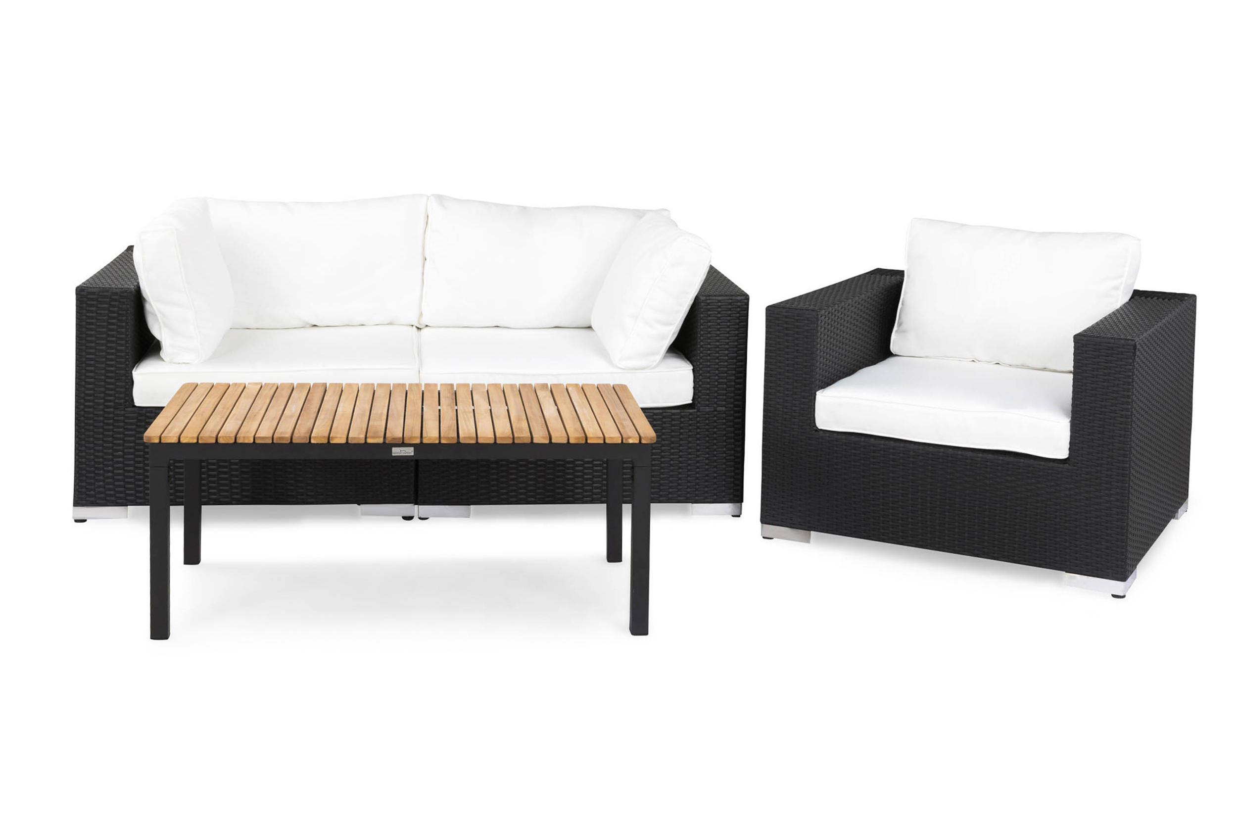 Bahamas Liten loungegrupp utomhus Soffgrupp till balkong 3-sits Litet loungeset med bord och 1 fåtölj konstrotting utemöbler Svart Vita dynor Ljust trä