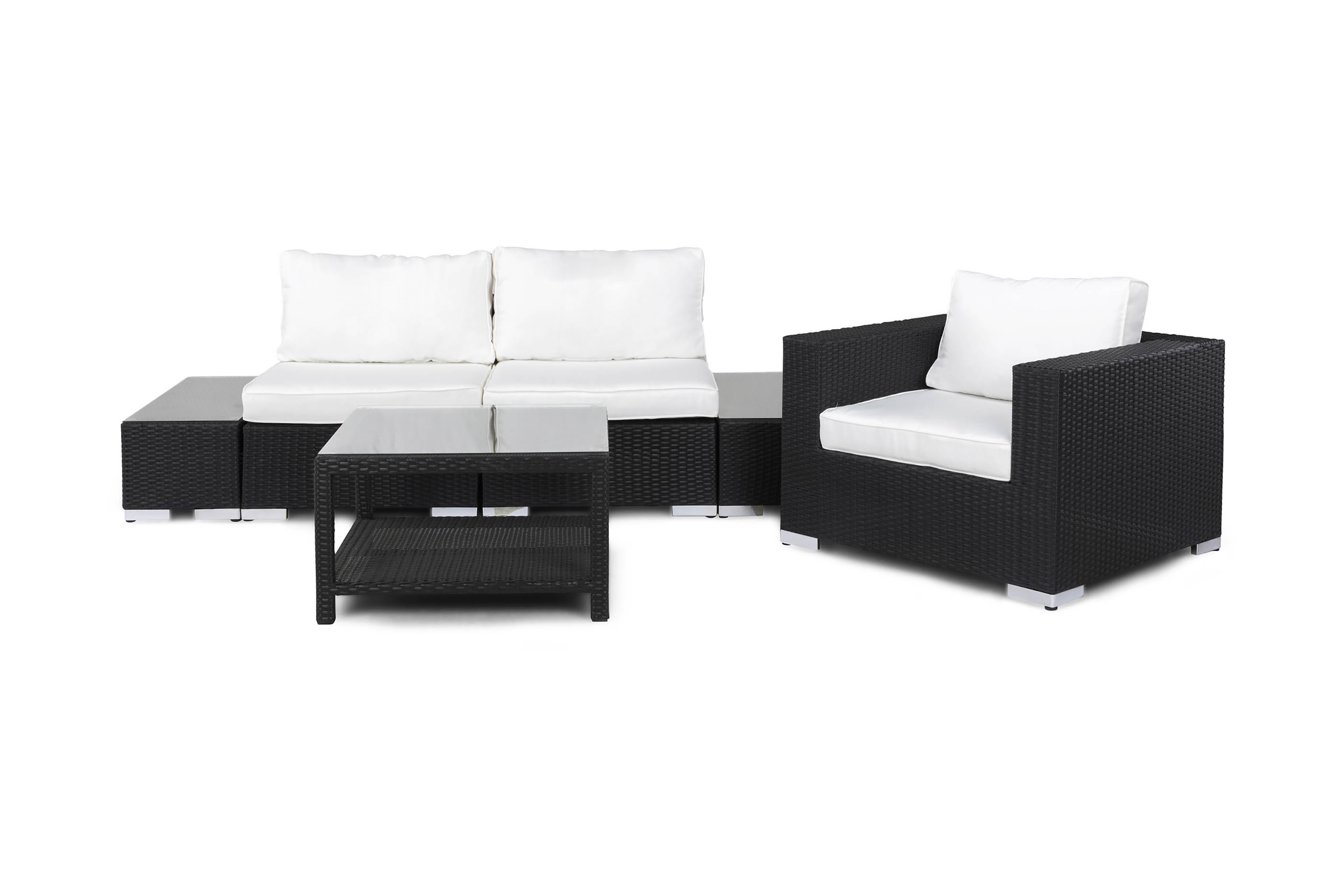 Bahamas Liten loungegrupp utomhus Soffgrupp till balkong 3-sits Litet loungeset med fåtölj i konstrotting utemöbler Svart Vita dynor Glas