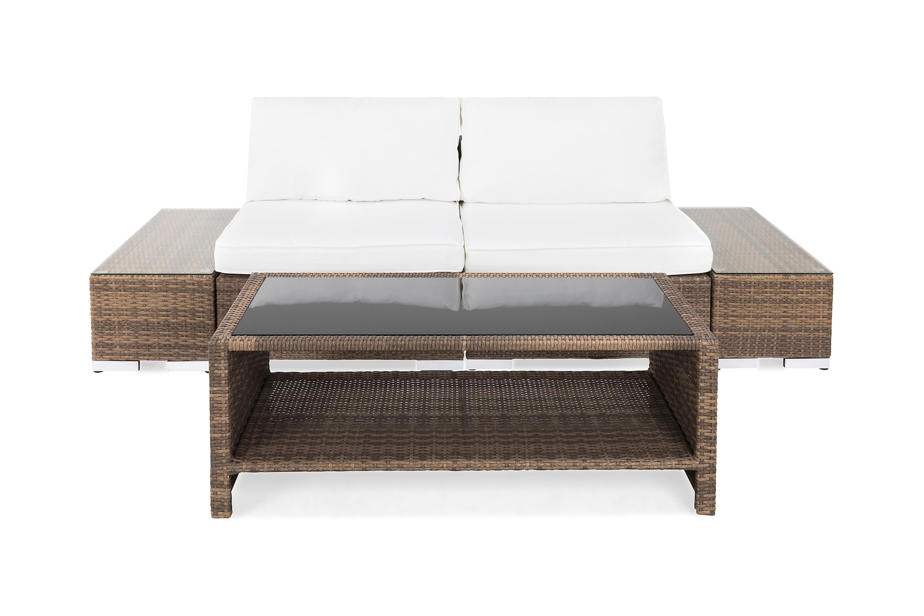 Bahamas Liten loungegrupp utomhus Soffgrupp till uteplats balkong 2-sits Litet Loungeset utemöbler Sand Brun Vita dynor