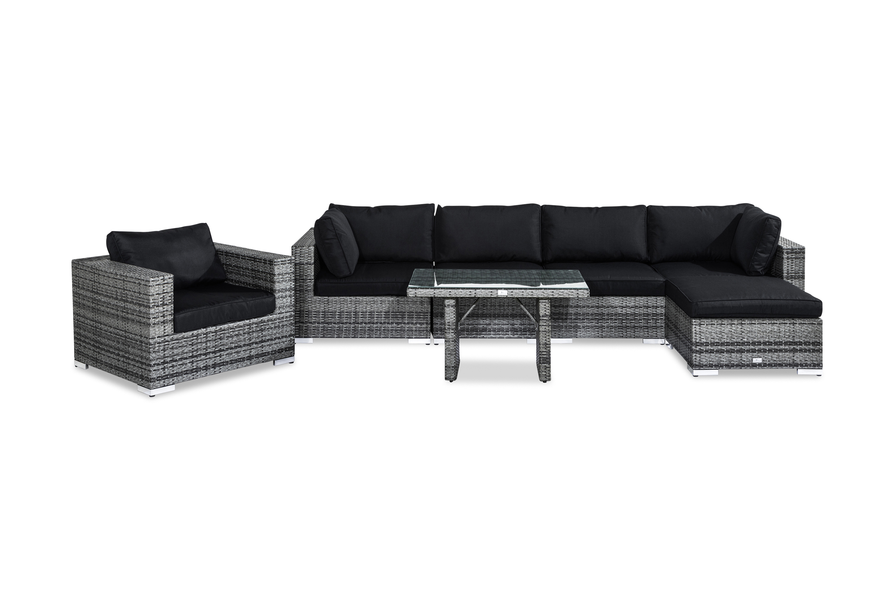 Bahamas Stor Loungegrupp Utomhus 6-sits Konstrotting Utemöbler L-format Loungeset för Uteplats och Trädgård GråSvarta dynor Glas
