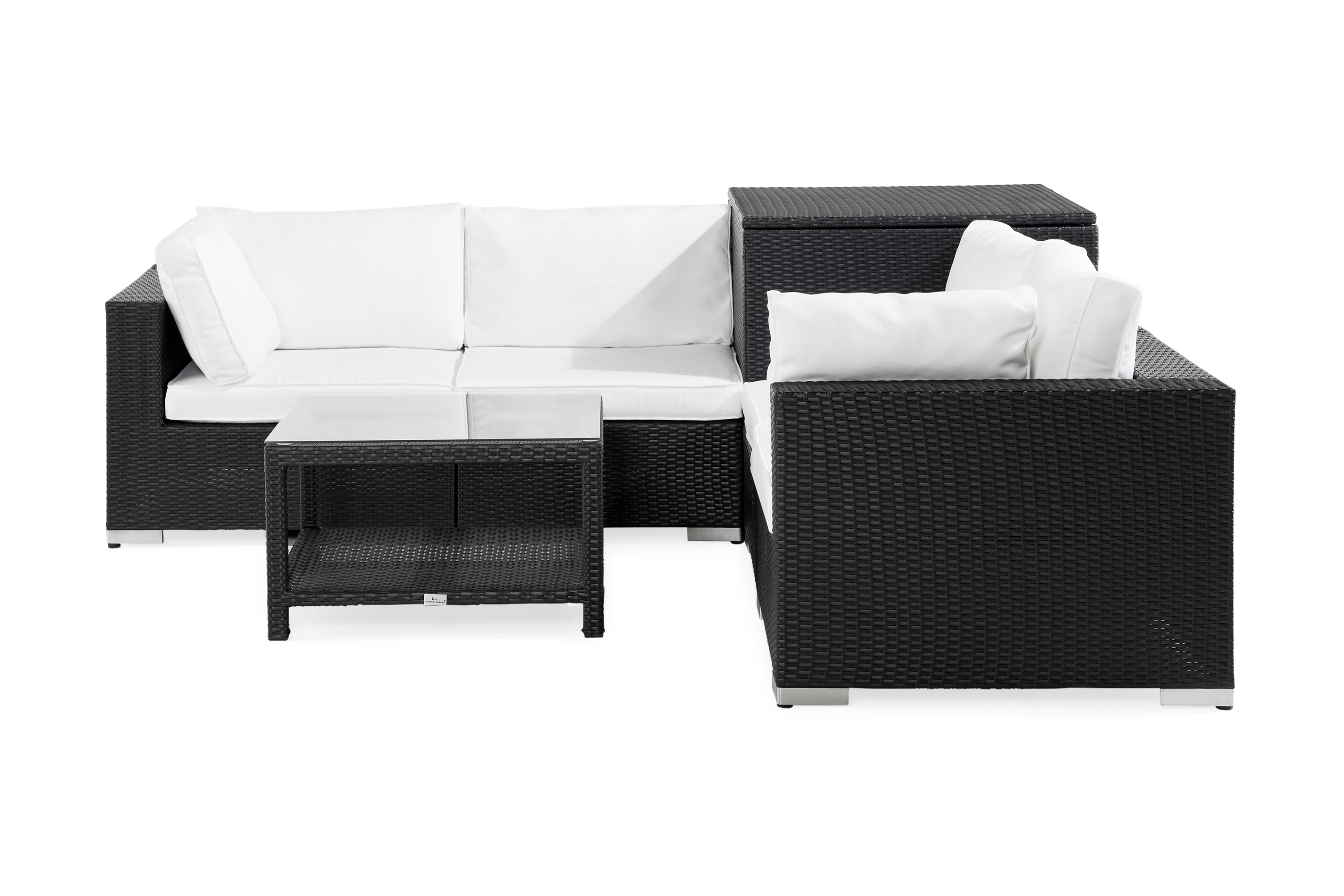 Bahamas Stor loungegrupp utomhus Soffgrupp 7-sits till uteplats Loungeset med dynbox konstrotting utemöbler Svart Vita dynor