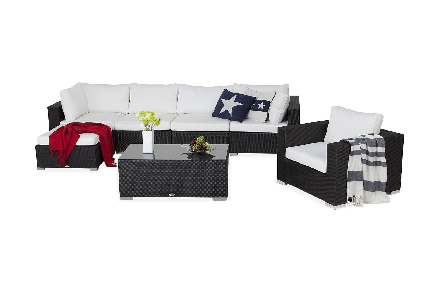 Bahamas Stor loungegrupp utomhus Soffgrupp med divan till uteplats 6-sits Loungeset konstrotting utemöbler Svart Vita dynor