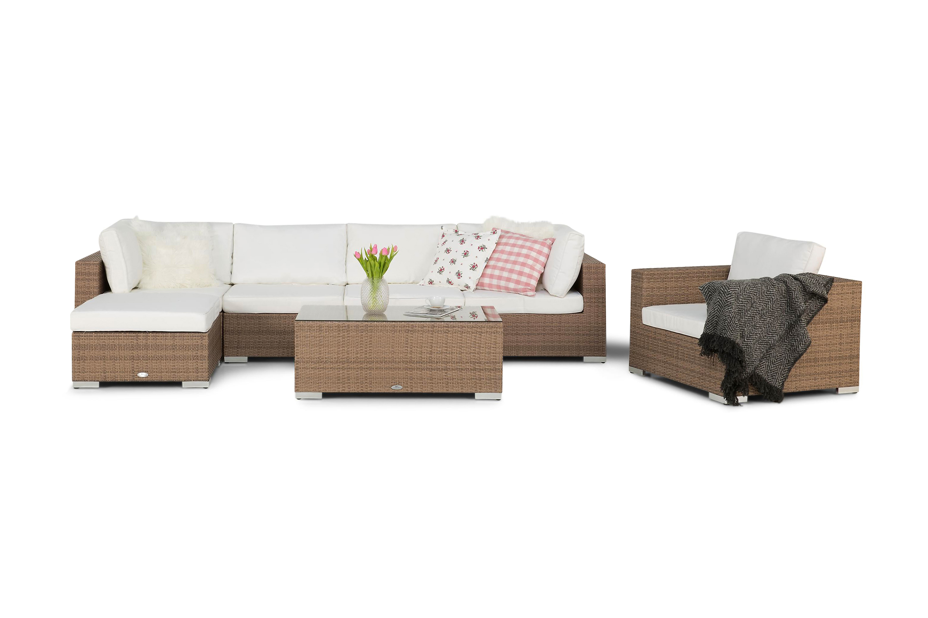 Bahamas Stor loungegrupp utomhus Soffgrupp till uteplats 6-sits Loungeset konstrotting utemöbler Beige Vita dynor