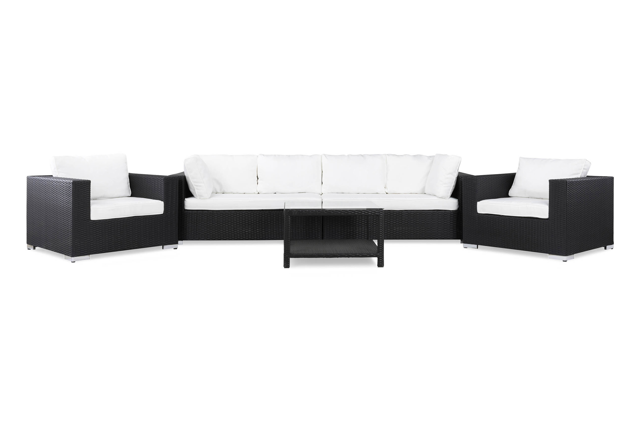 Bahamas Stor loungegrupp utomhus Soffgrupp till uteplats 6-sits Loungeset konstrotting utemöbler Bord 75x75 Svart Vita dynor