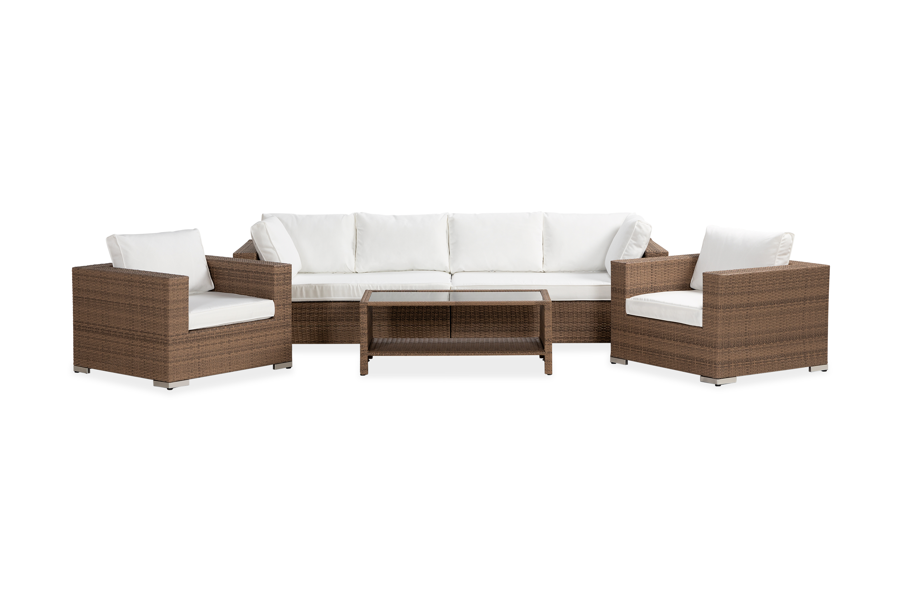 Bahamas Stor loungegrupp utomhus Soffgrupp till uteplats 6-sits Loungeset konstrotting utemöbler Brun Vita dynor